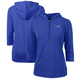 Women's Cutter & Buck Royal Seattle Seahawks Throwback Logo Virtue Eco Pique 3/4 Sleeve Half-Zip Pullover Hoodie