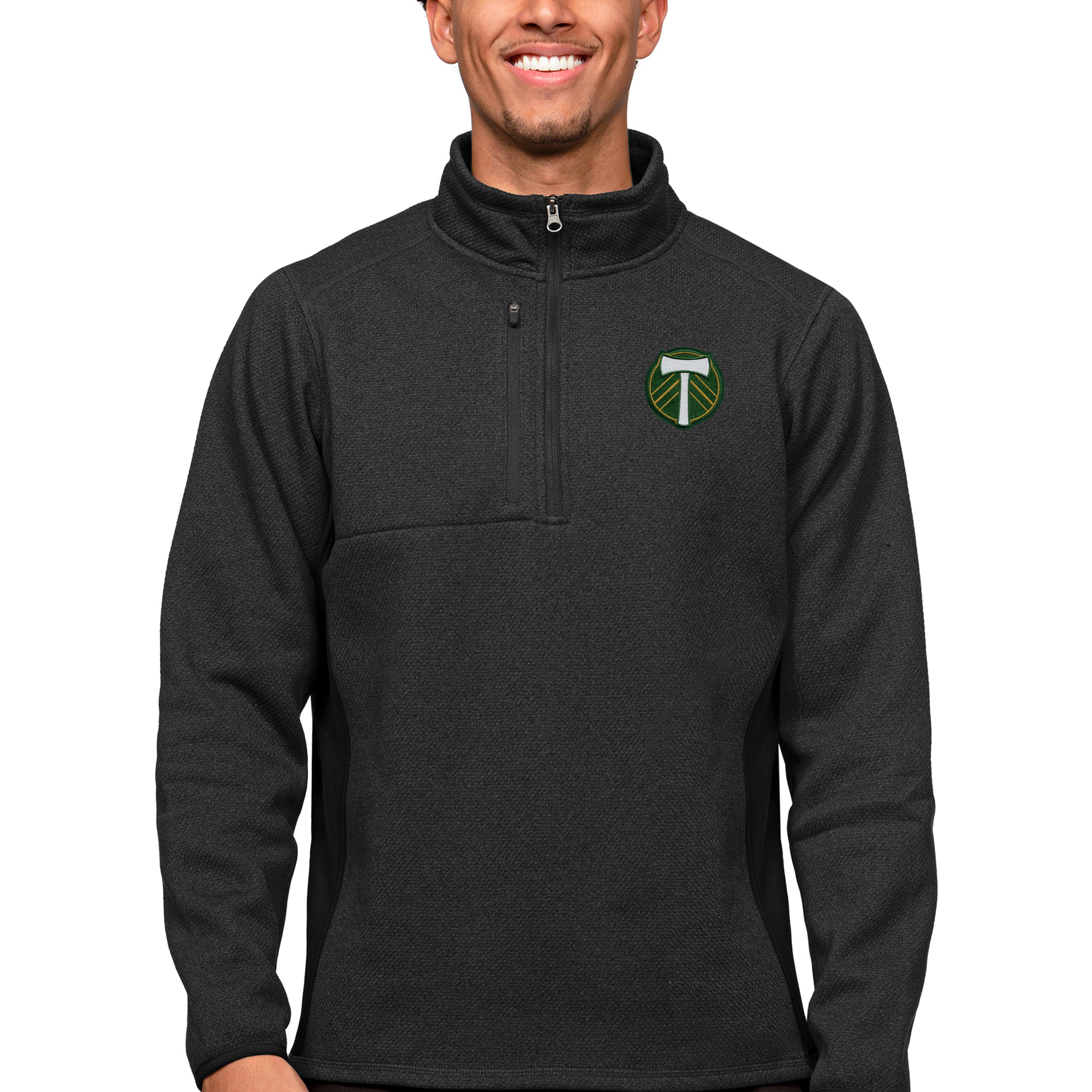 Men's Antigua Heather Black Portland Timbers Primary Team Logo Course Quarter-Zip Pullover Top