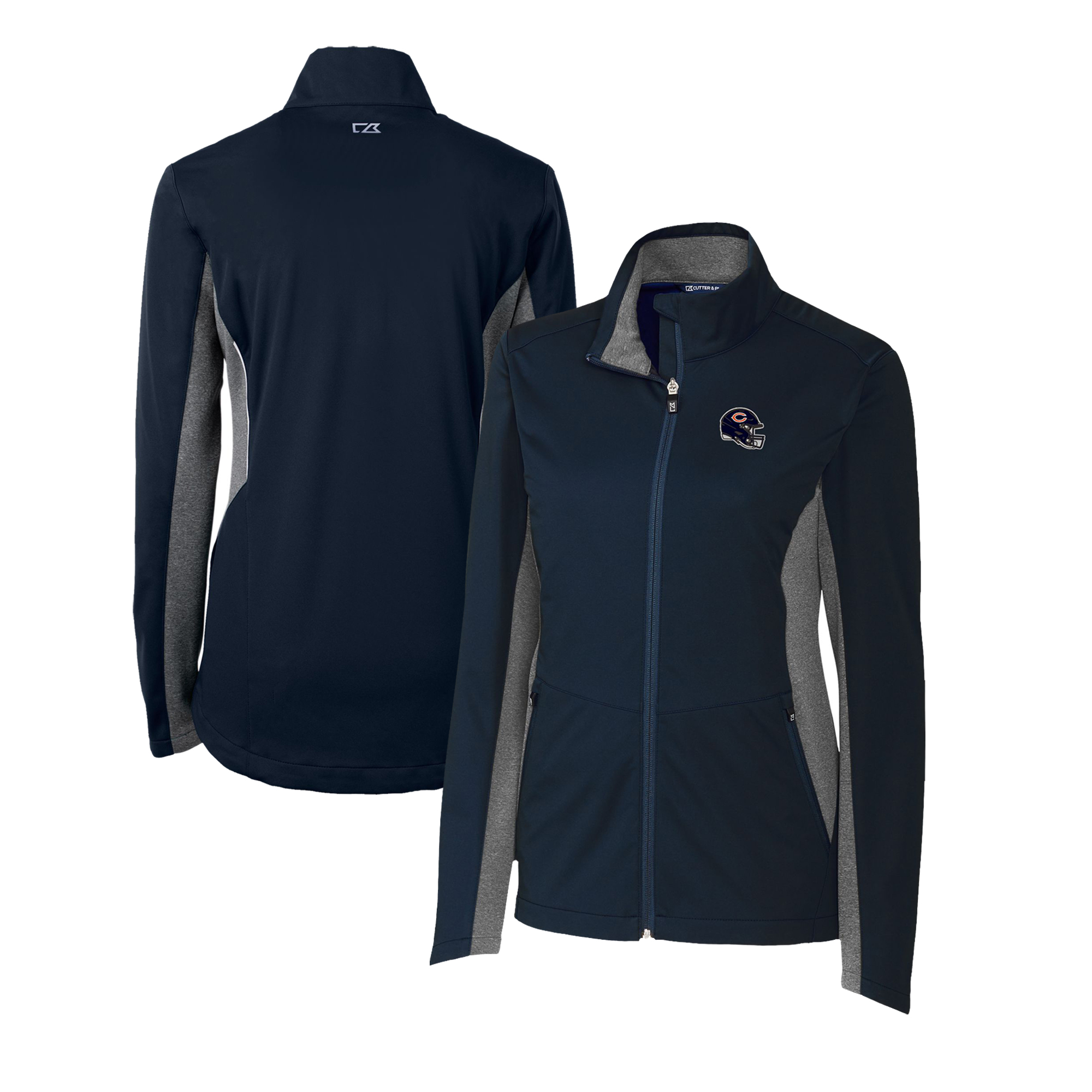 Women's Cutter & Buck Navy Chicago Bears Helmet Logo Navigate Softshell Full-Zip Jacket