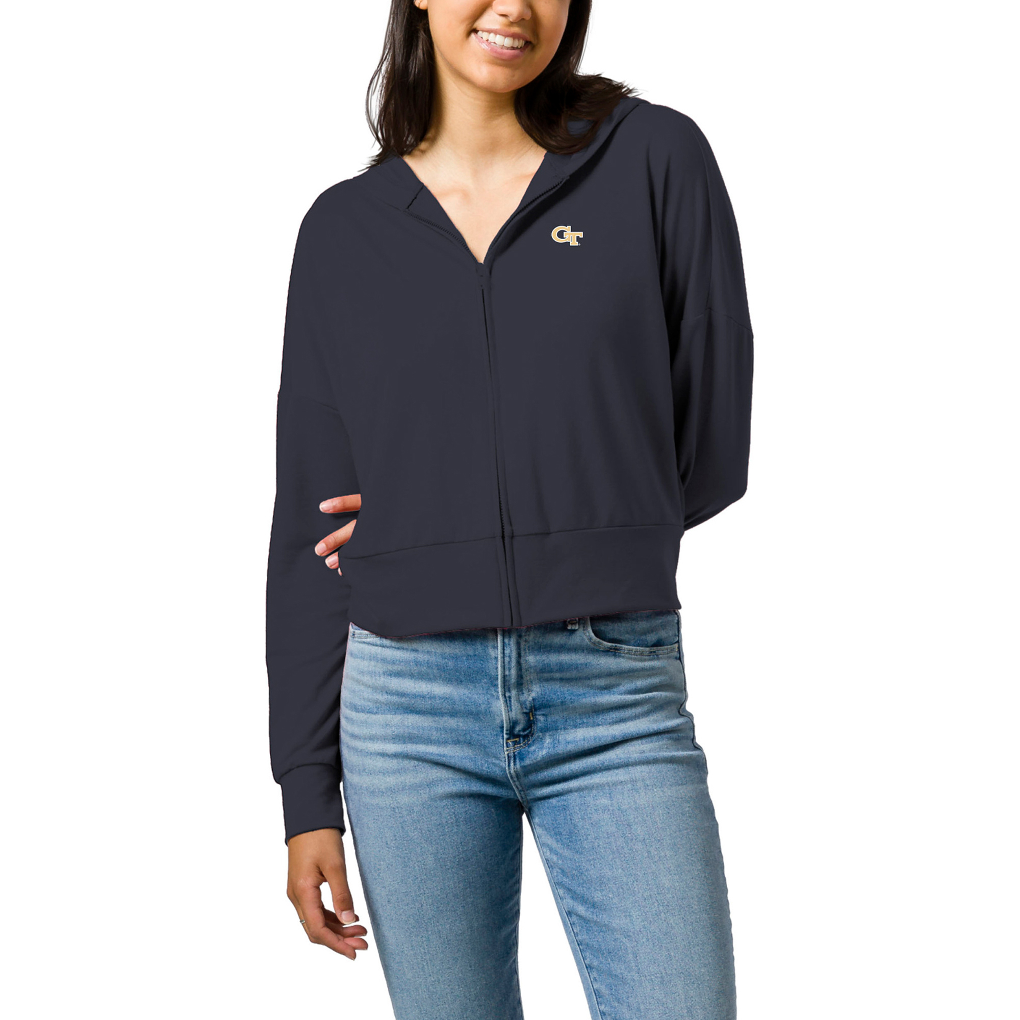 Women's League Collegiate Wear Navy Georgia Tech Yellow Jackets All Day Midi Full-Zip Cropped Hoodie