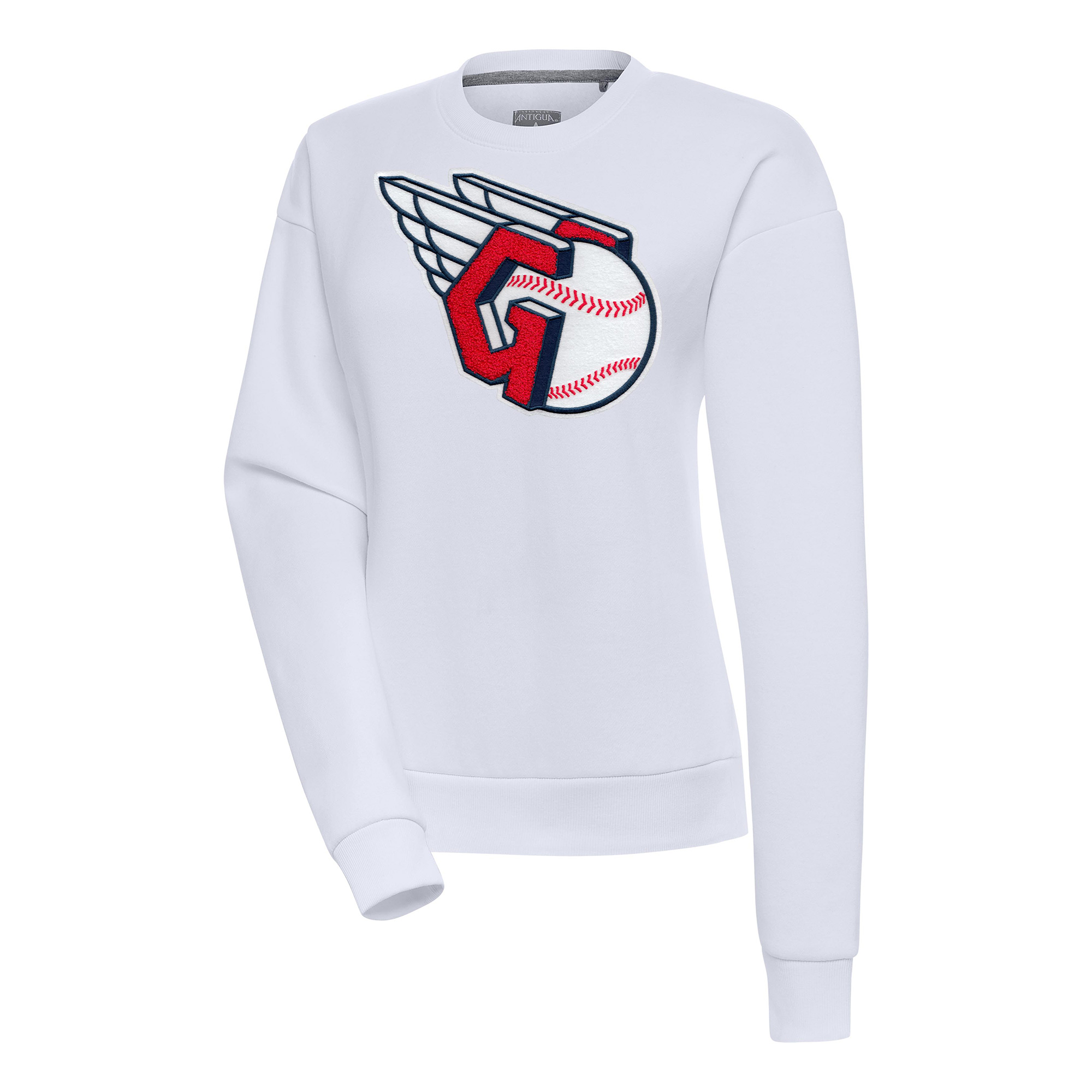 Women's Antigua White Cleveland Guardians Victory Chenille Pullover Sweatshirt