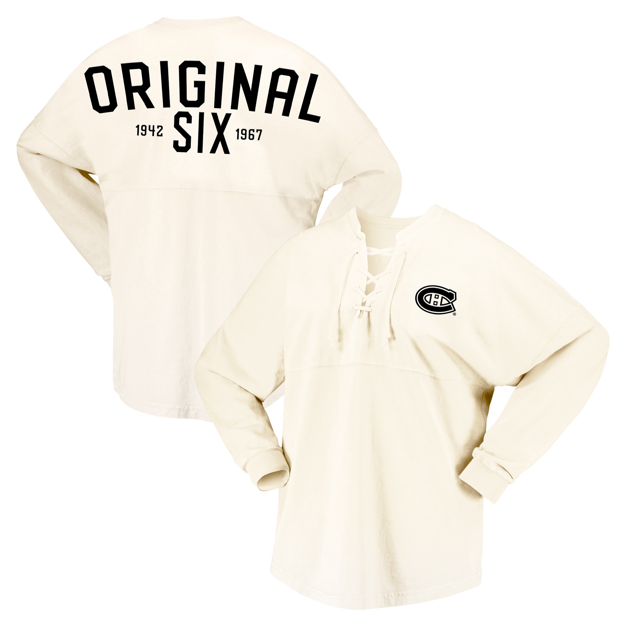 Women's Fanatics Cream Montreal Canadiens Original Six Lace-Up Spirit Jersey Long Sleeve T-Shirt