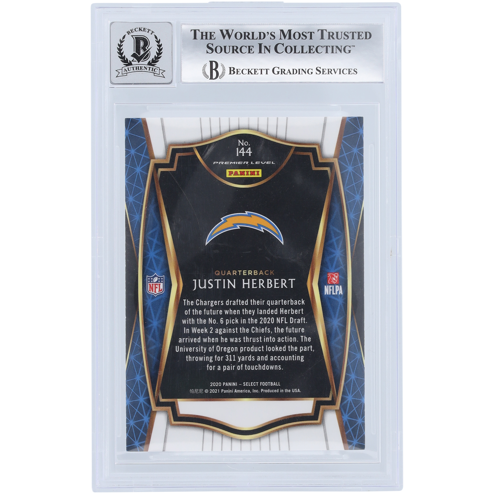 Justin Herbert Los Angeles Chargers Autographed 2020 Panini Select #144 Beckett Fanatics Witnessed Authenticated 9/10 Rookie Card with "2020 #6 Pick" Inscription - Image 3