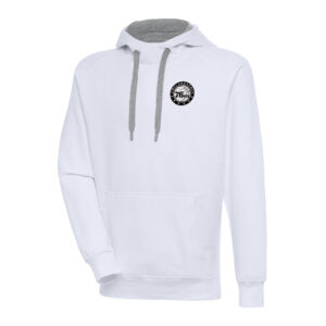 Men's Antigua White Philadelphia 76ers Metallic Logo Victory Pullover Hoodie