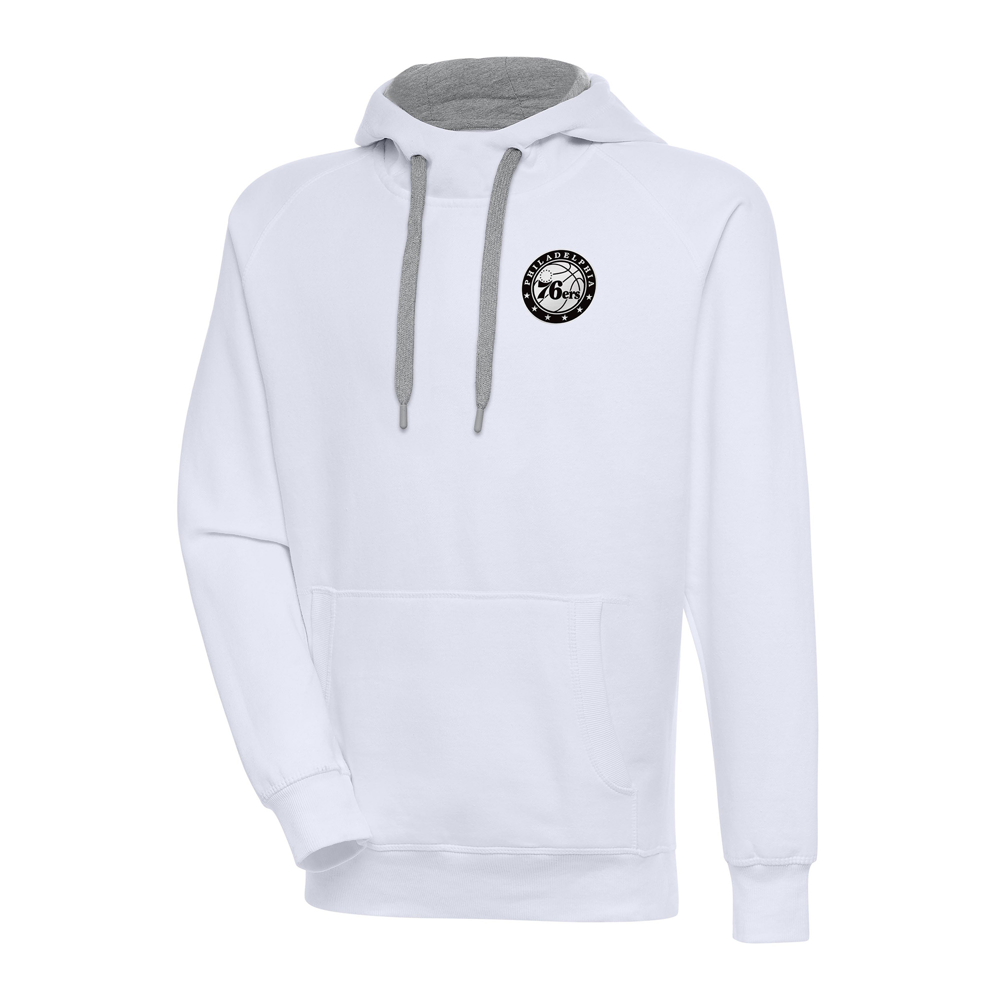 Men's Antigua White Philadelphia 76ers Metallic Logo Victory Pullover Hoodie