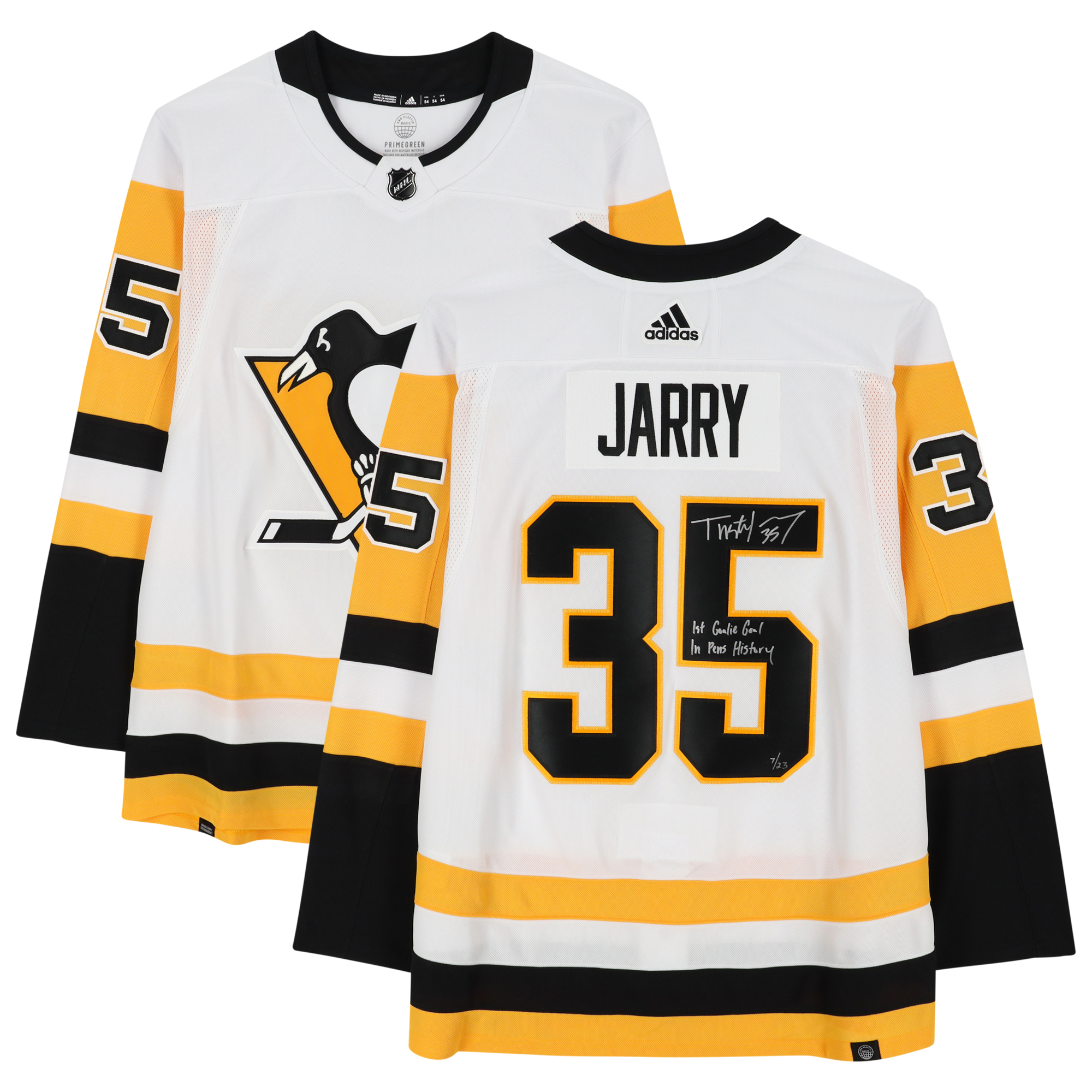 Tristan Jarry Pittsburgh Penguins Autographed White adidas Authentic Jersey with "1st Goalie Goal in Pens History" Inscription - Limited Edition of 23 - Image 2