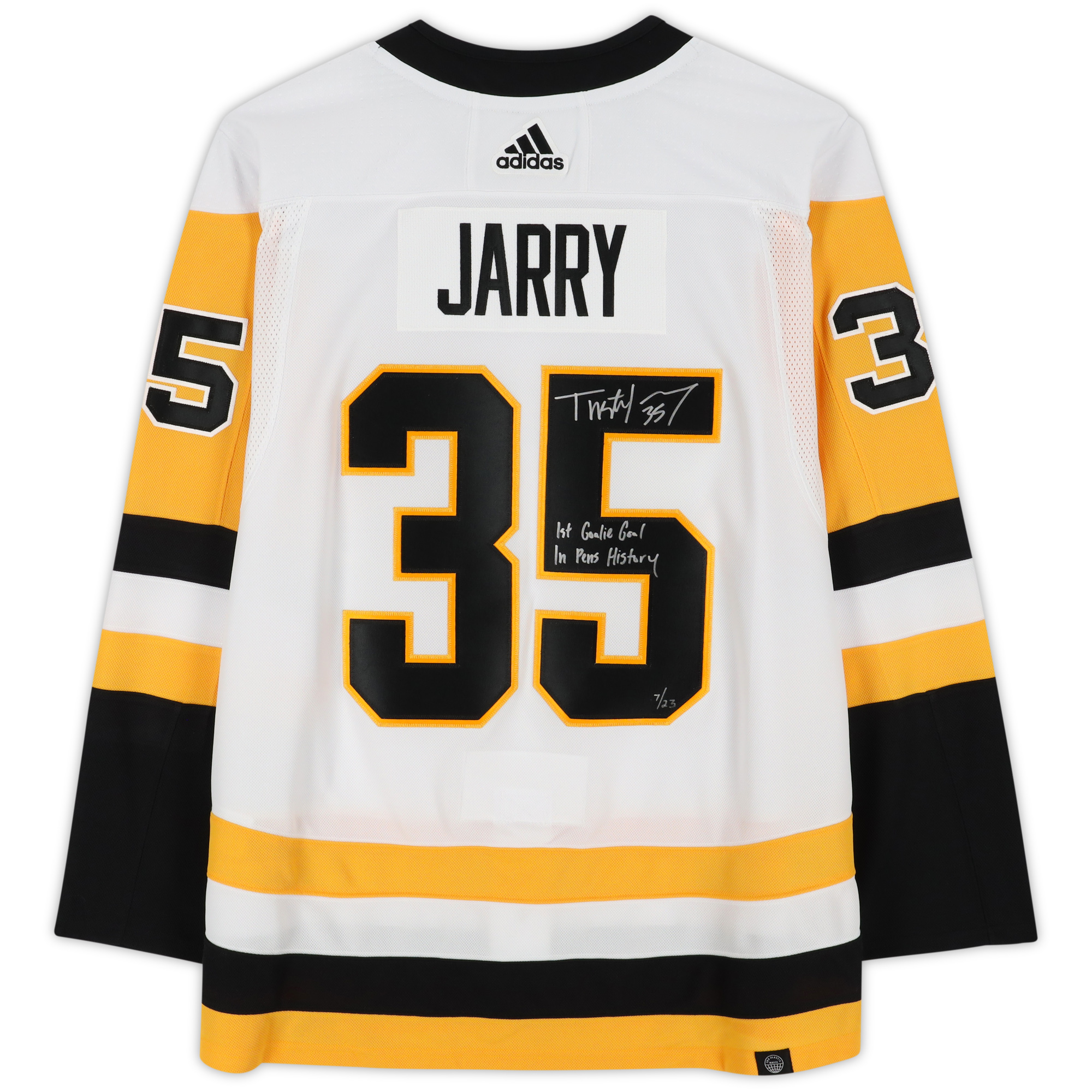 Tristan Jarry Pittsburgh Penguins Autographed White adidas Authentic Jersey with "1st Goalie Goal in Pens History" Inscription - Limited Edition of 23 - Image 3