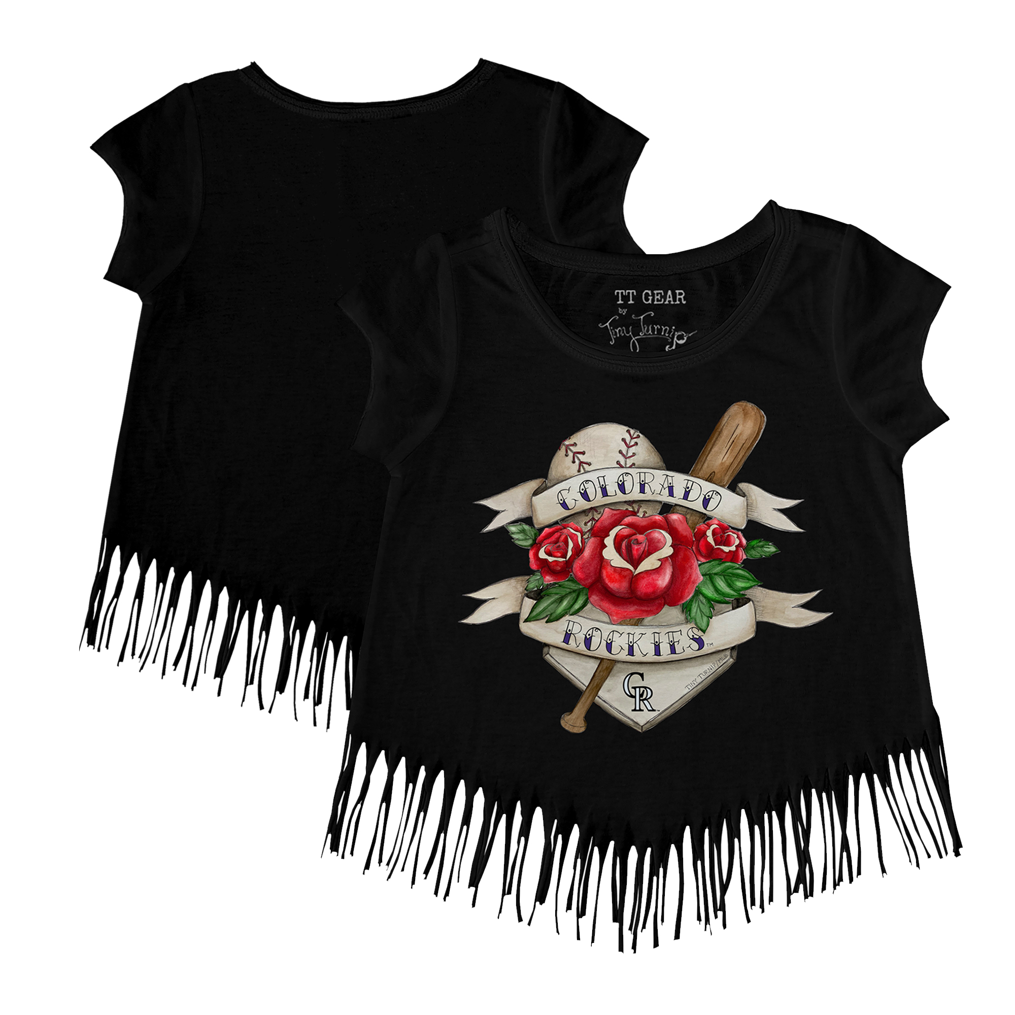 Girls Toddler Tiny Turnip Black Colorado Rockies Tattoo Rose Fringe T-Shirt