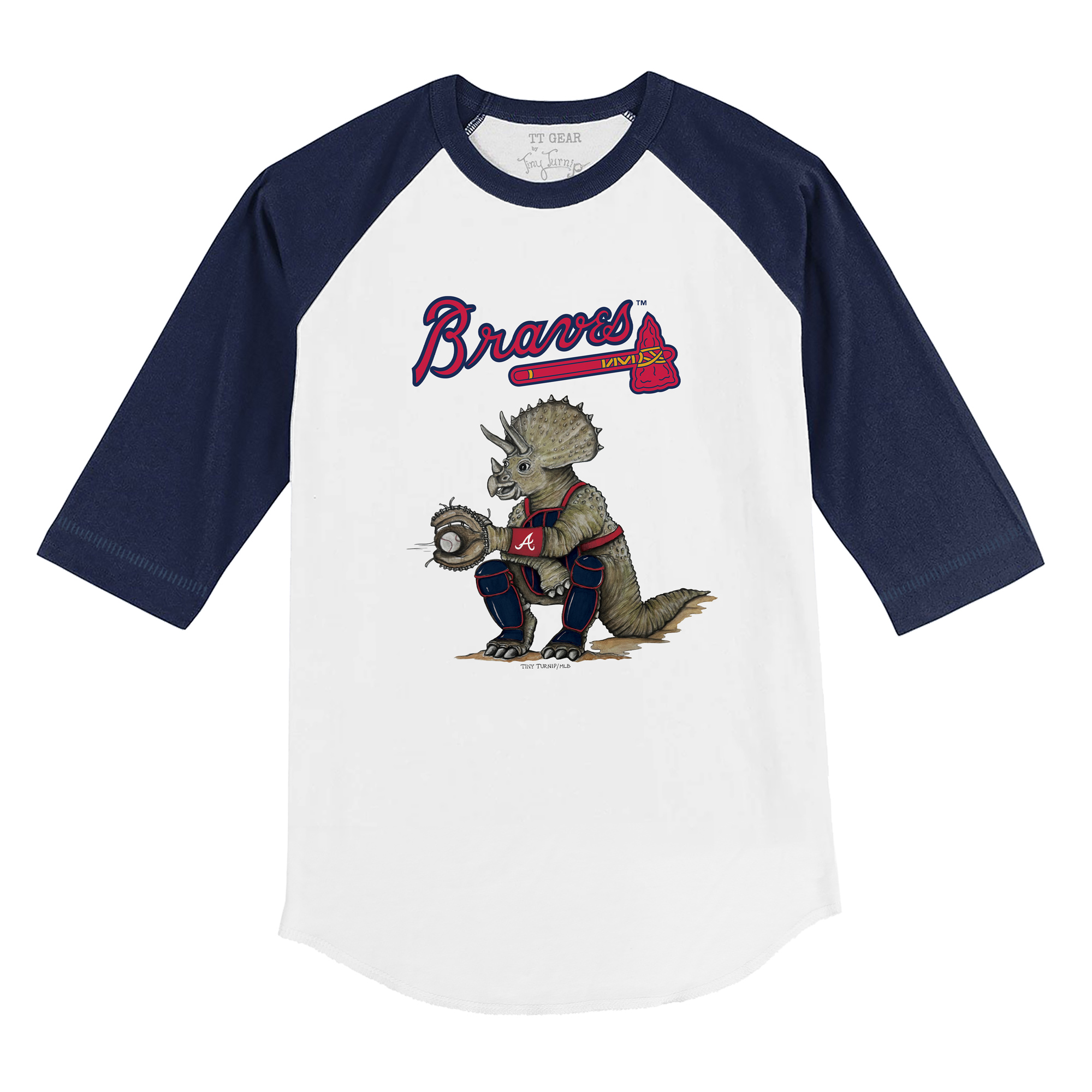 Youth Tiny Turnip White/Navy Atlanta Braves Triceratops 3/4-Sleeve Raglan T-Shirt - Image 6