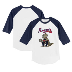 Youth Tiny Turnip White/Navy Atlanta Braves Triceratops 3/4-Sleeve Raglan T-Shirt