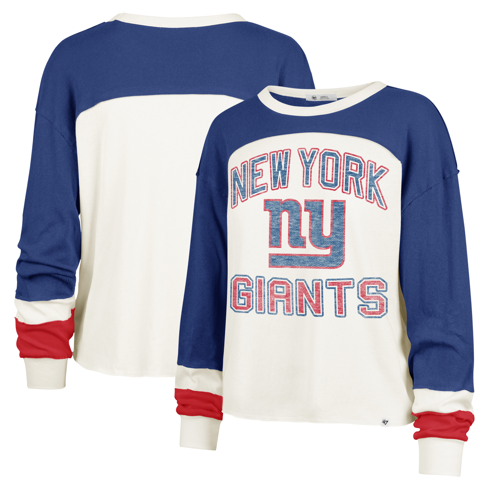 Women's '47 Cream New York Giants Double Header Curve Raglan Long Sleeve Crop Top - Image 5