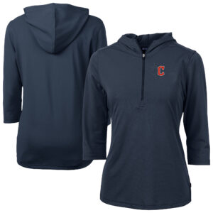 Women's Cutter & Buck Navy Cleveland Guardians  DryTec Virtue Eco Pique Recycled 3/4-Sleeve Half-Zip Pullover Hoodie