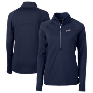 Women's Cutter & Buck Navy San Diego Padres Cooperstown Collection DryTec Adapt Eco Knit Stretch Recycled Raglan Half-Zip Top