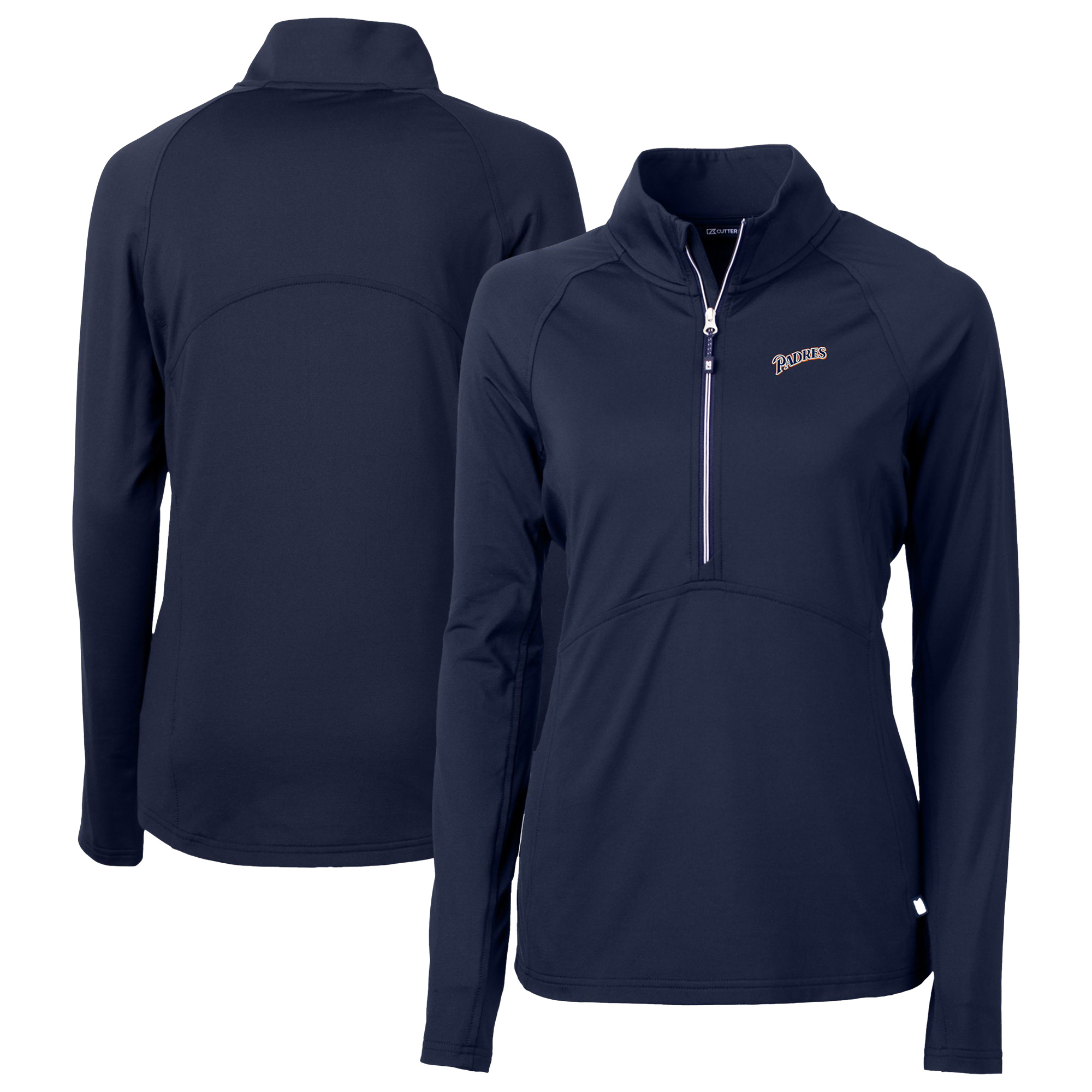 Women's Cutter & Buck Navy San Diego Padres Cooperstown Collection DryTec Adapt Eco Knit Stretch Recycled Raglan Half-Zip Top
