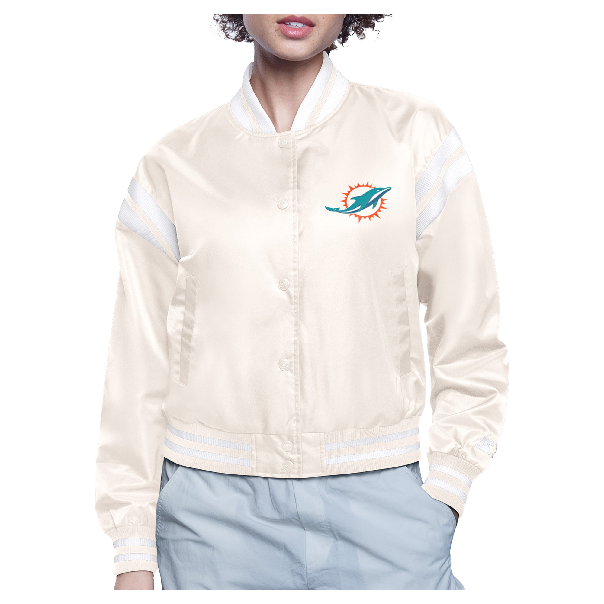 Women's Starter Cream Miami Dolphins Round Team Logo Cropped Satin Varsity Full-Snap Jacket