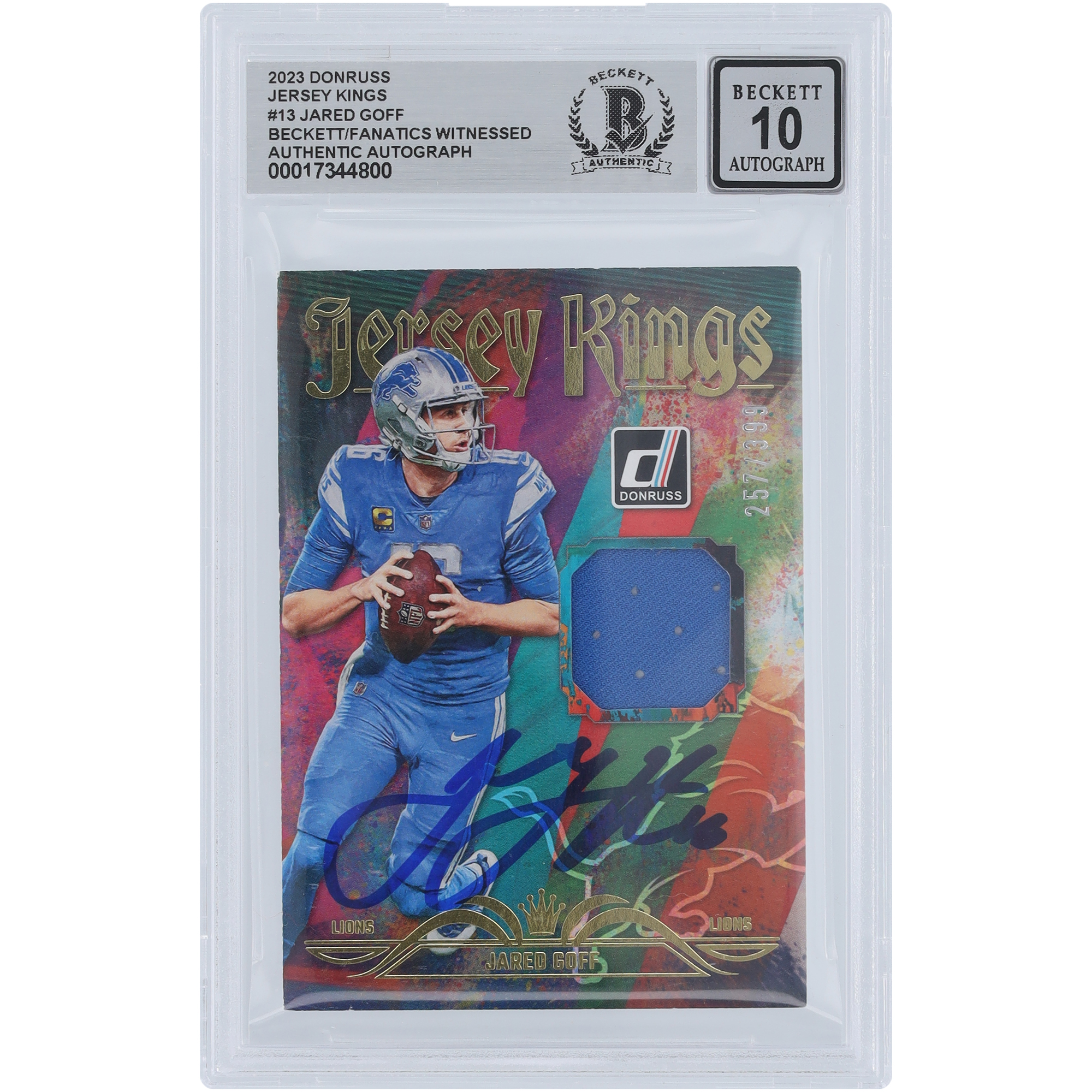 Jared Goff Detroit Lions Autographed 2023 Panini Donruss Jersey Kings Relic #JK-13 #/399 Beckett Fanatics Witnessed Authenticated 10 Card