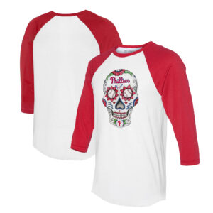 Unisex Tiny Turnip White/Red Philadelphia Phillies Sugar Skull 3/4-Sleeve Raglan T-Shirt