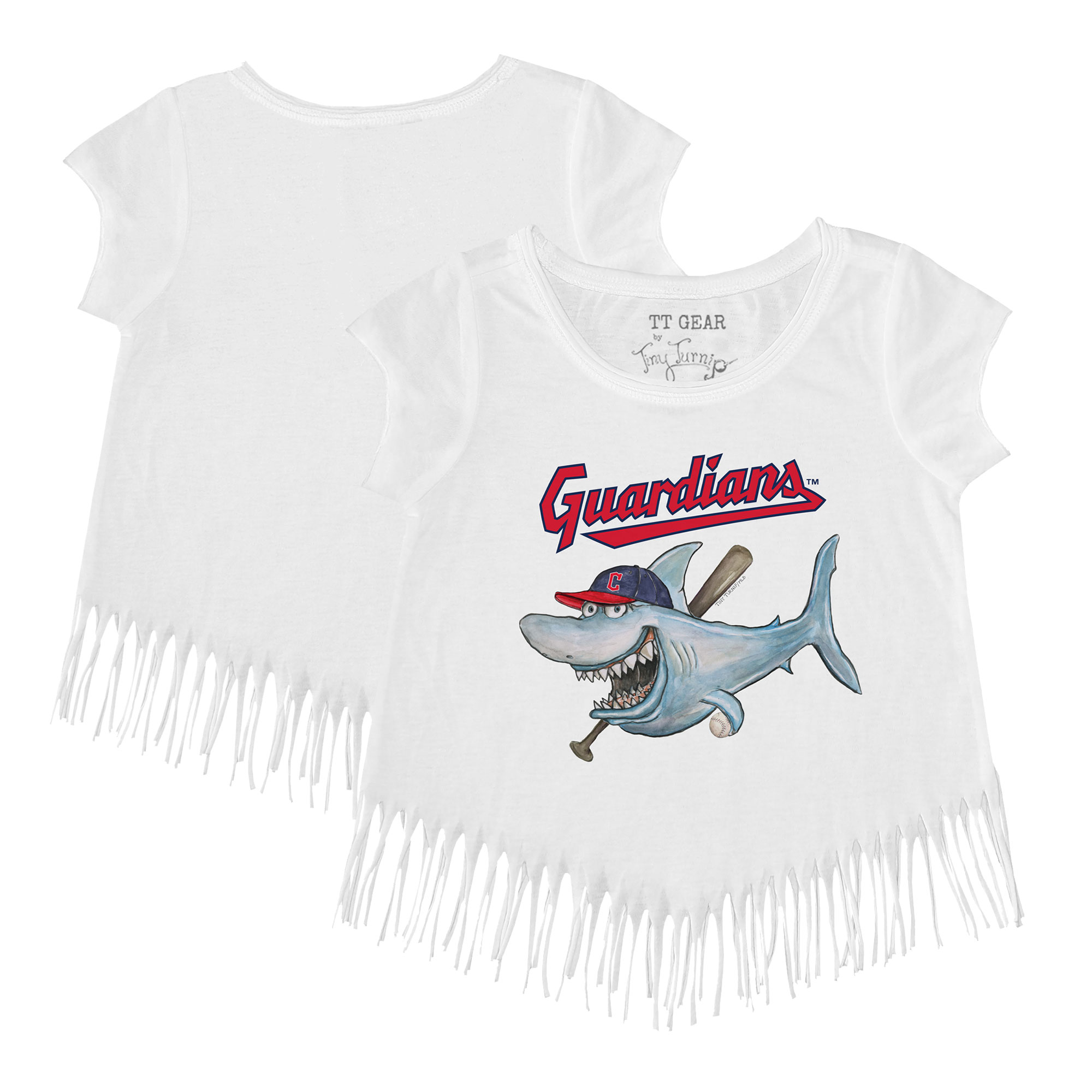 Girls Toddler Tiny Turnip White Cleveland Guardians Shark Fringe T-Shirt