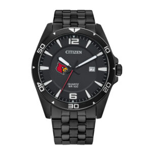 Men's Louisville Cardinals Citizen Quartz Black-Tone Stainless Steel Watch