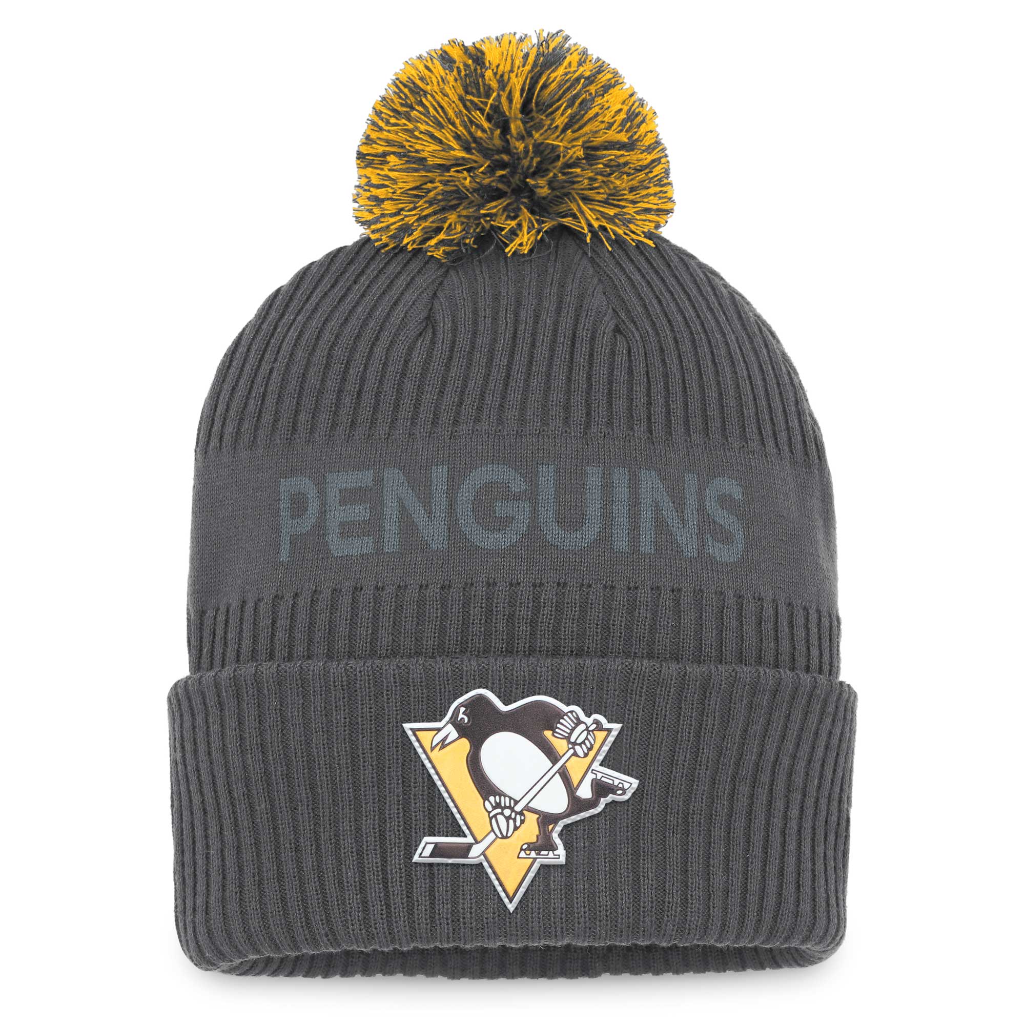 Men's Fanatics Charcoal Pittsburgh Penguins Authentic Pro Home Ice Cuffed Knit Hat with Pom - Image 4