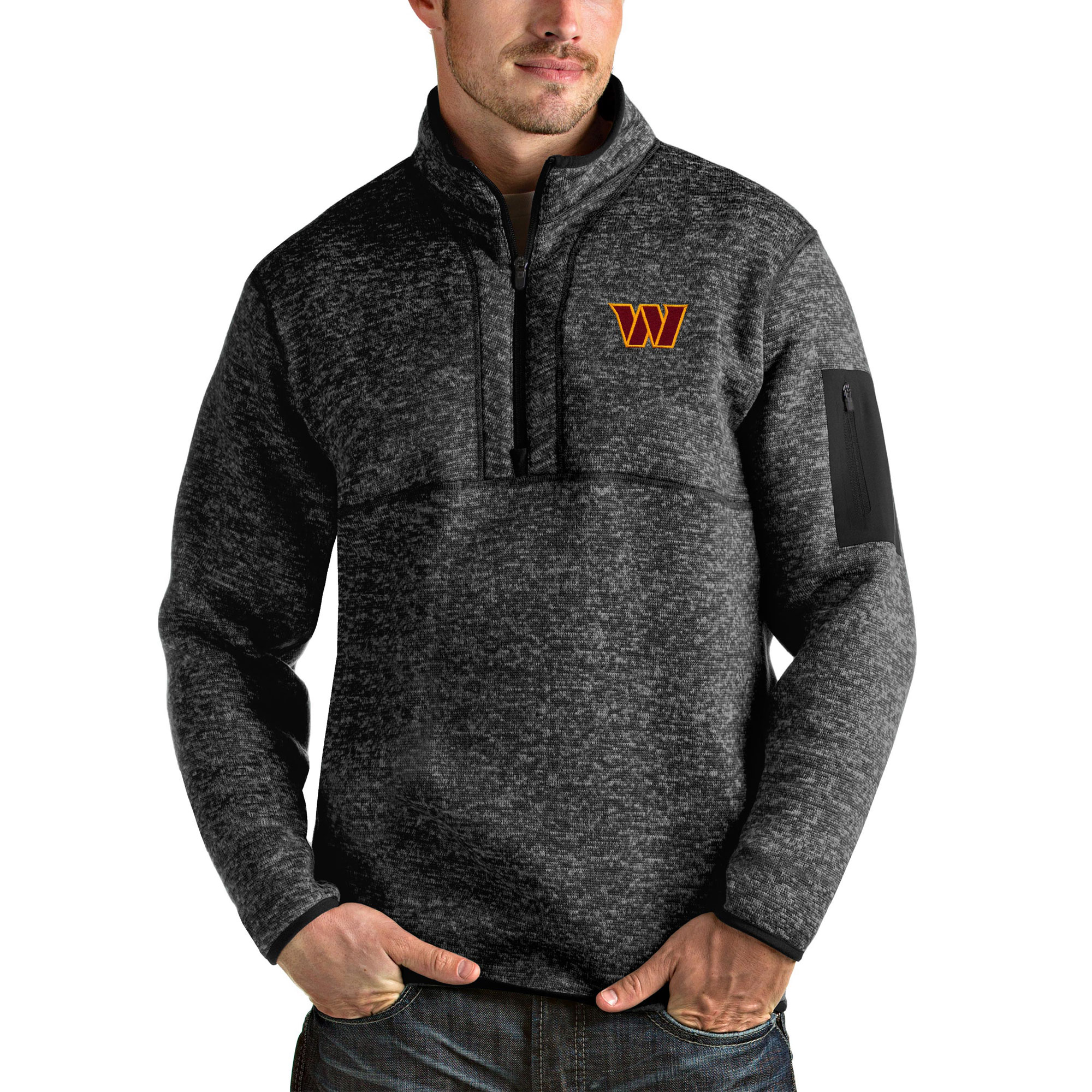 Men's Antigua Heathered Black Washington Commanders Fortune Quarter-Zip Pullover Jacket