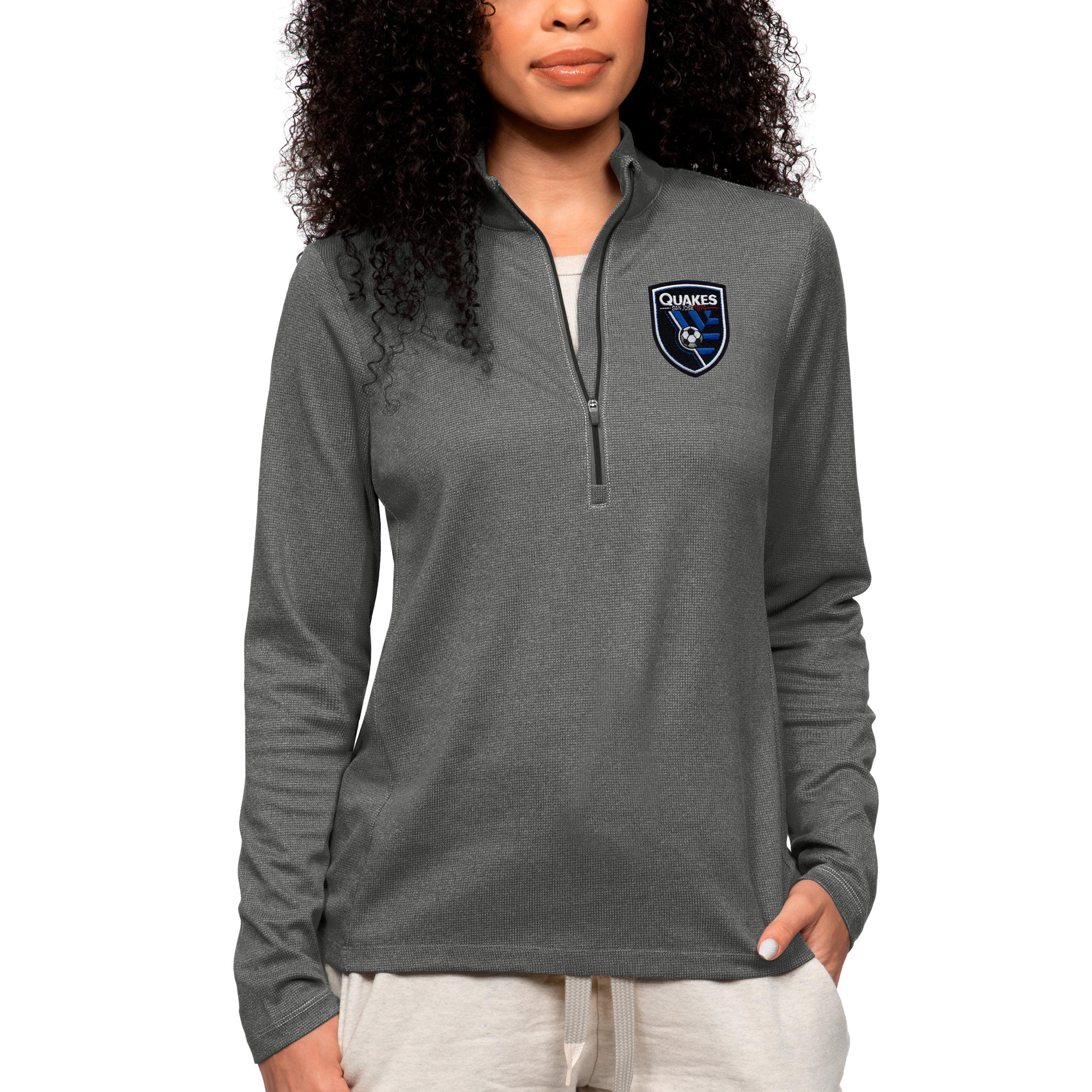 Women's Antigua Heather Charcoal San Jose Earthquakes Team Logo Epic Quarter-Zip Pullover Top