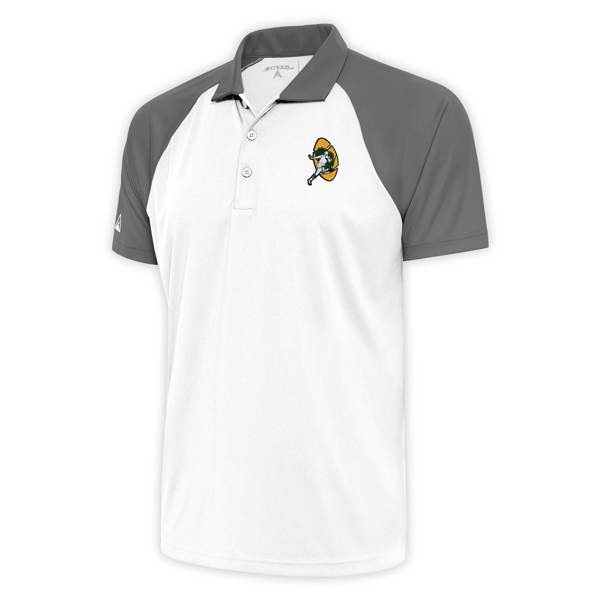 Men's Antigua White/Steel Green Bay Packers Team Logo Throwback Nova Polo