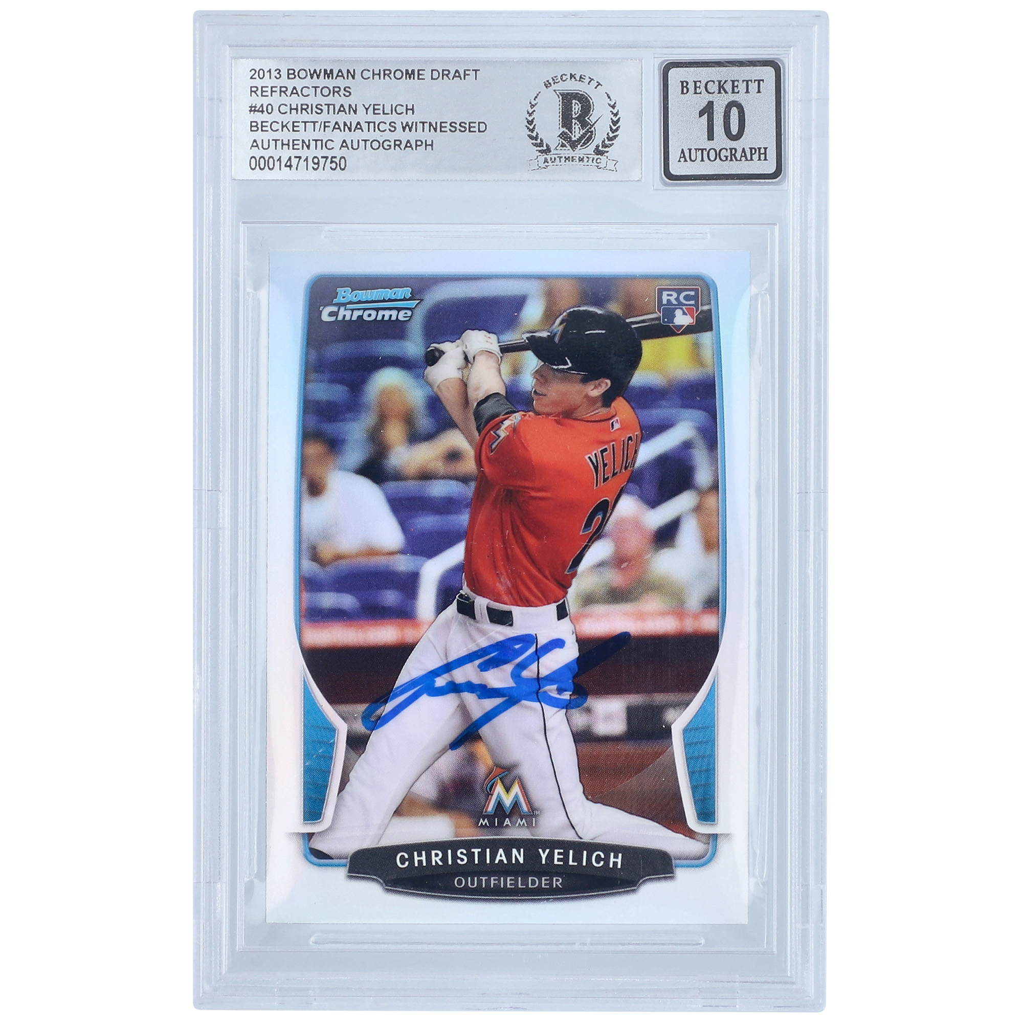 Christian Yelich Miami Marlins Autographed 2013 Bowman Chrome Draft MLB Refractor #40 Beckett Fanatics Witnessed Authenticated 10 Rookie Card