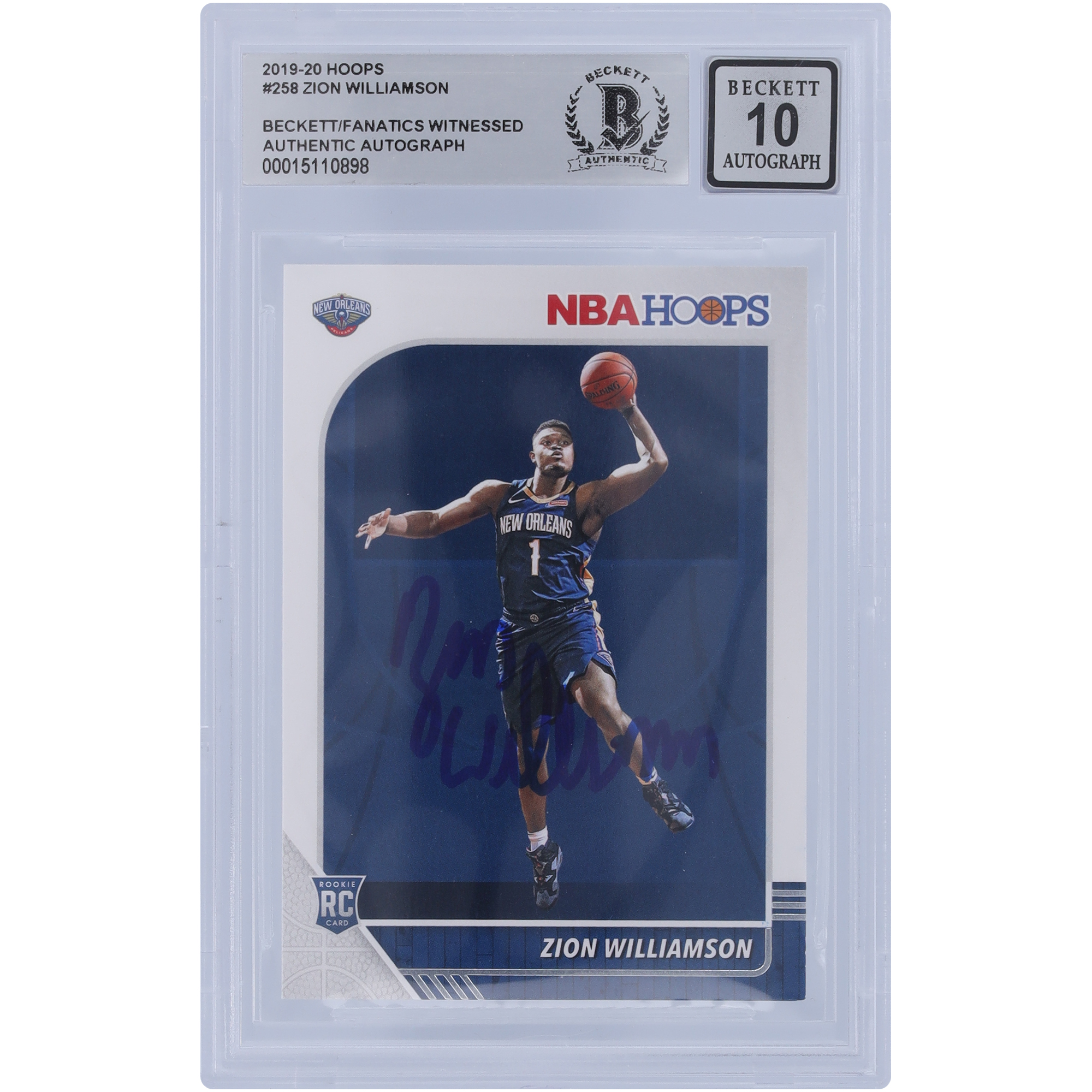 Zion Williamson New Orleans Pelicans Autographed 2019-20 Panini Hoops #258 Beckett Fanatics Witnessed Authenticated 10 Rookie Card - Image 2