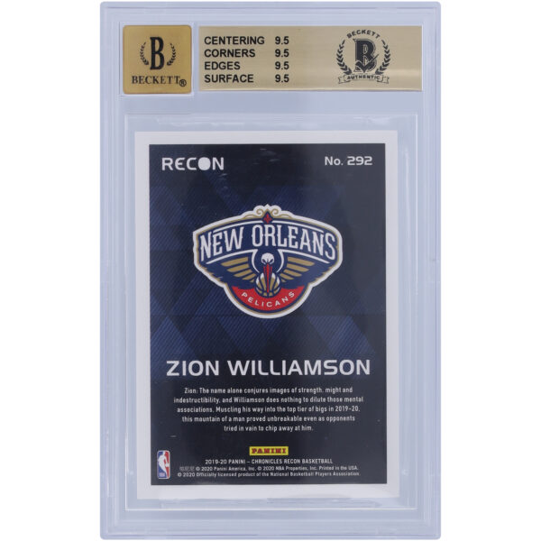 Zion Williamson New Orleans Pelicans Autographed 2019-20 Panini Chronicles Recon #292 Beckett Fanatics Witnessed Authenticated 9.5/10 Rookie Card - 9.5/9.5/9.5/9.5 Subgrades - Image 8