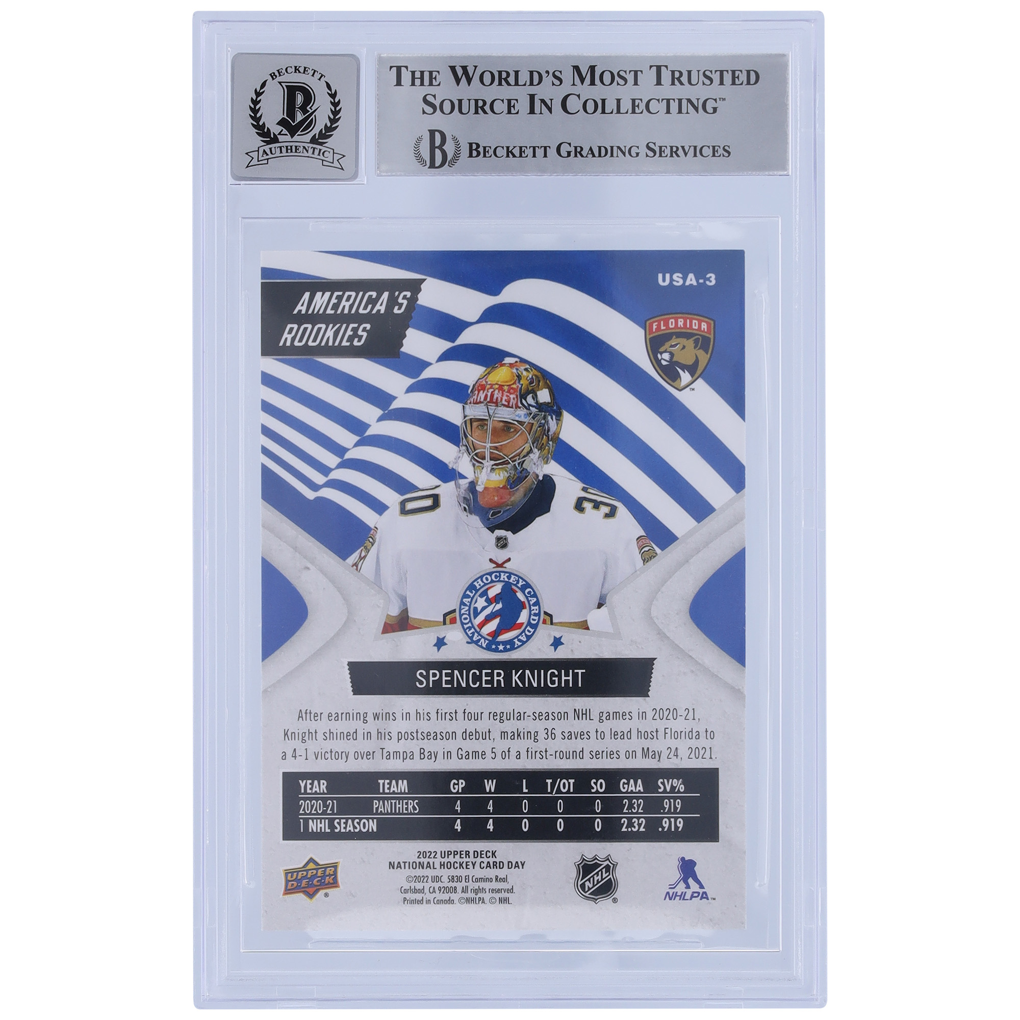 Spencer Knight Florida Panthers Autographed 2021-22 Upper Deck National Hockey Card Day America's Rookies #USA-3 Beckett Fanatics Witnessed Authenticated 10 Rookie Card - Image 3
