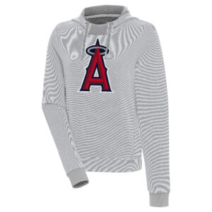 Women's Antigua  Gray/White Los Angeles Angels Axe Bunker Tri-Blend Pullover Hoodie