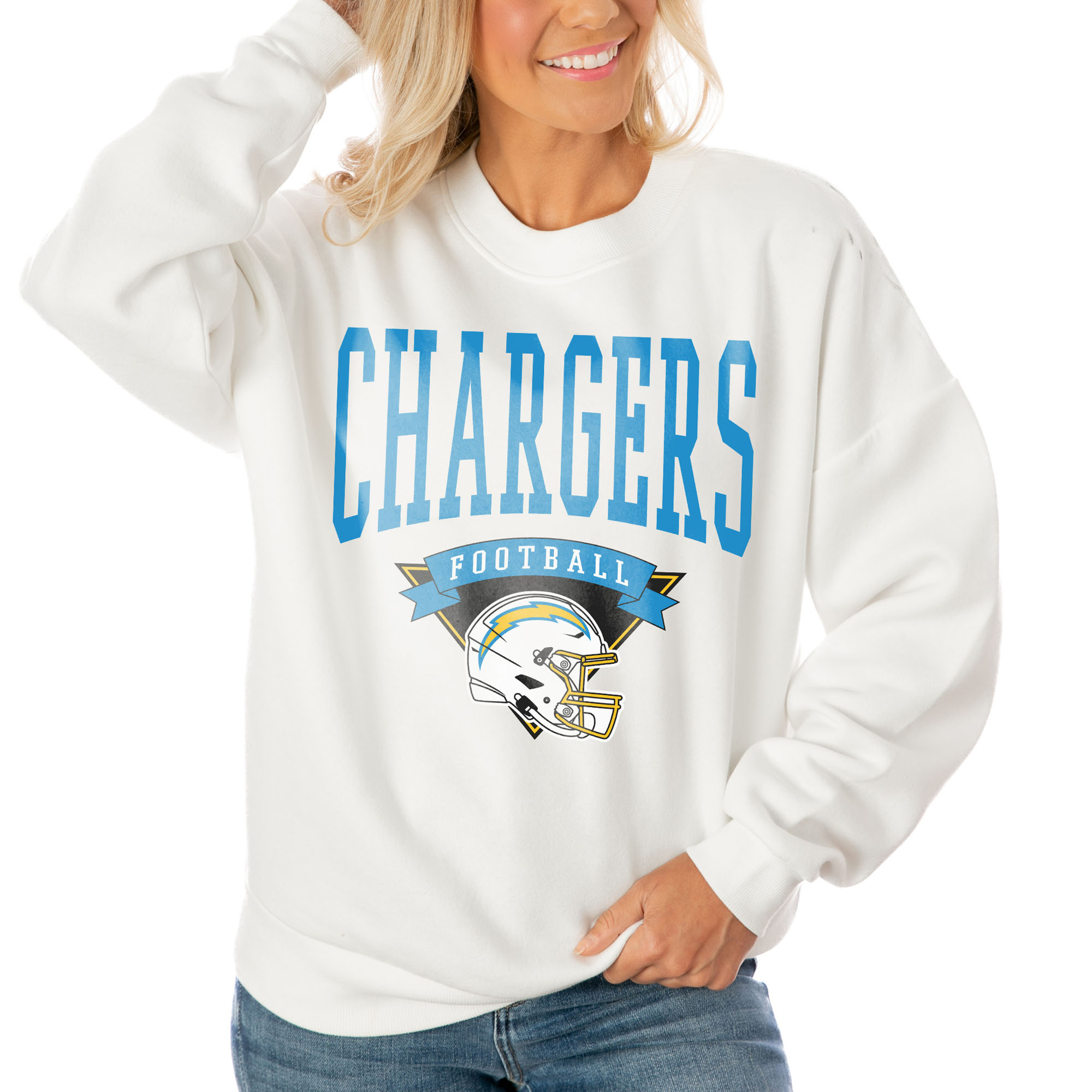 Women's Gameday Couture White Los Angeles Chargers Oversized Line Pullover Sweatshirt