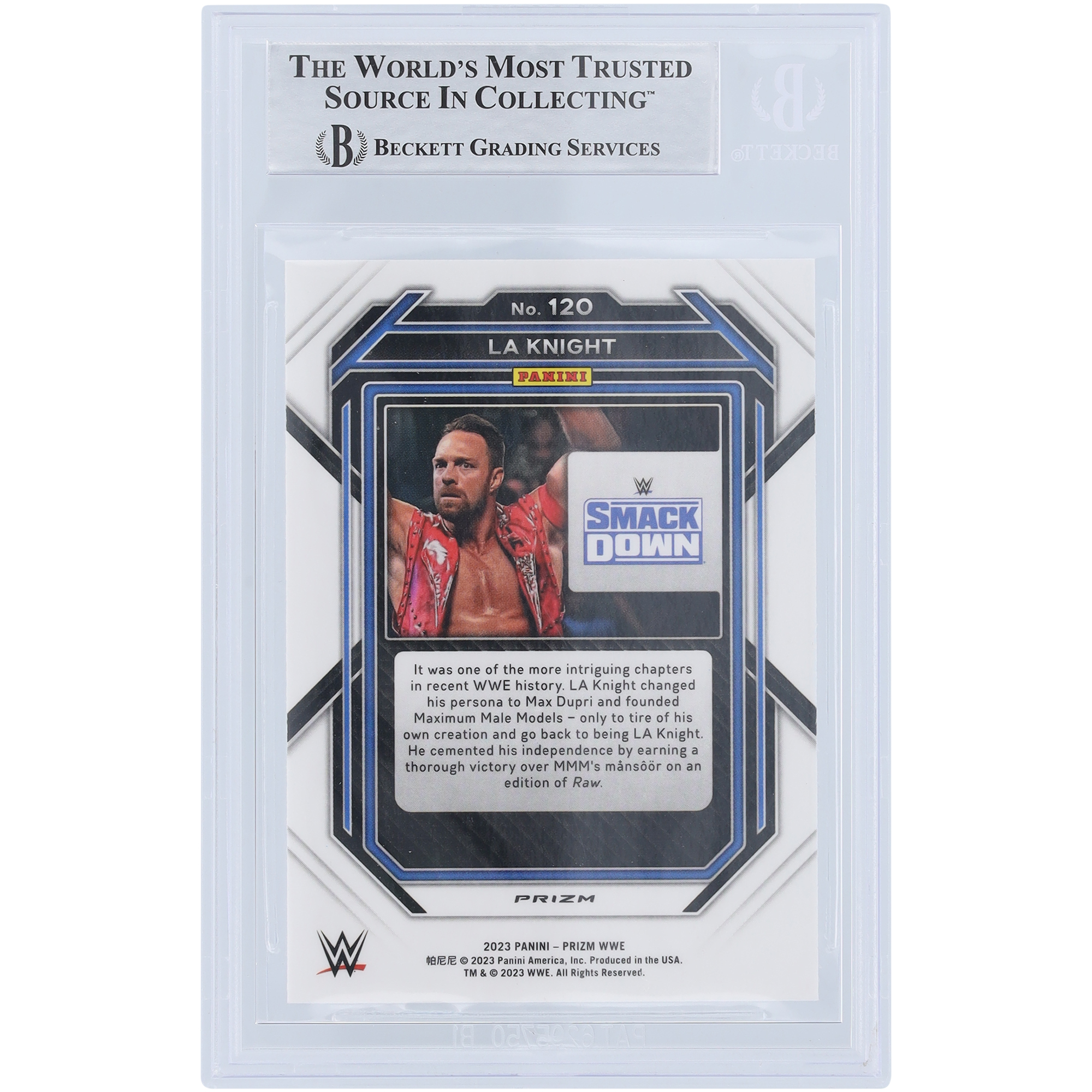 LA Knight WWE Autographed 2023 Panini Prizm Silver #120 Beckett Fanatics Witnessed Authenticated Card - Image 3