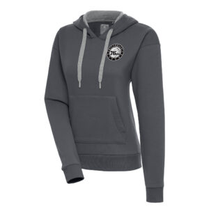 Women's Antigua  Charcoal Philadelphia 76ers Metallic Logo Victory Pullover Hoodie