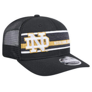 Men's New Era Black/Navy Notre Dame Fighting Irish Striped 9SEVENTY Trucker Stretch-Snap Adjustable Hat