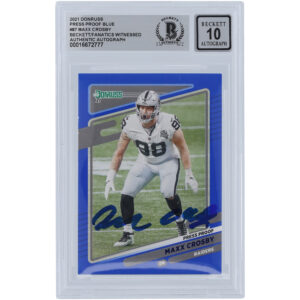 Maxx Crosby Las Vegas Raiders Autographed 2021 Panini Donruss Press Proof Blue #87 Beckett Fanatics Witnessed Authenticated 10 Card