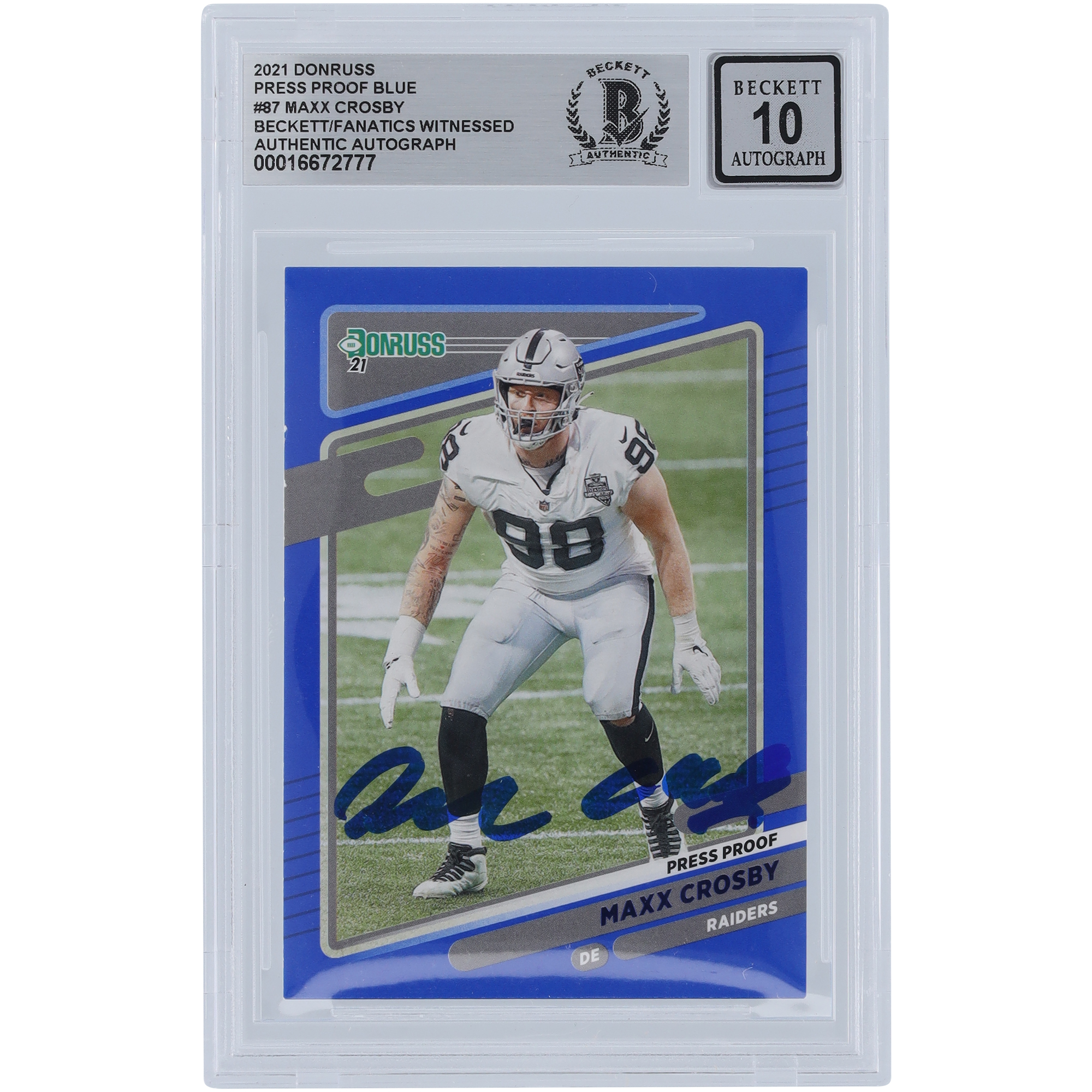 Maxx Crosby Las Vegas Raiders Autographed 2021 Panini Donruss Press Proof Blue #87 Beckett Fanatics Witnessed Authenticated 10 Card