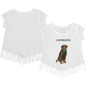 Girls Toddler Tiny Turnip White Miami Hurricanes Chocolate Lab Fringe T-Shirt