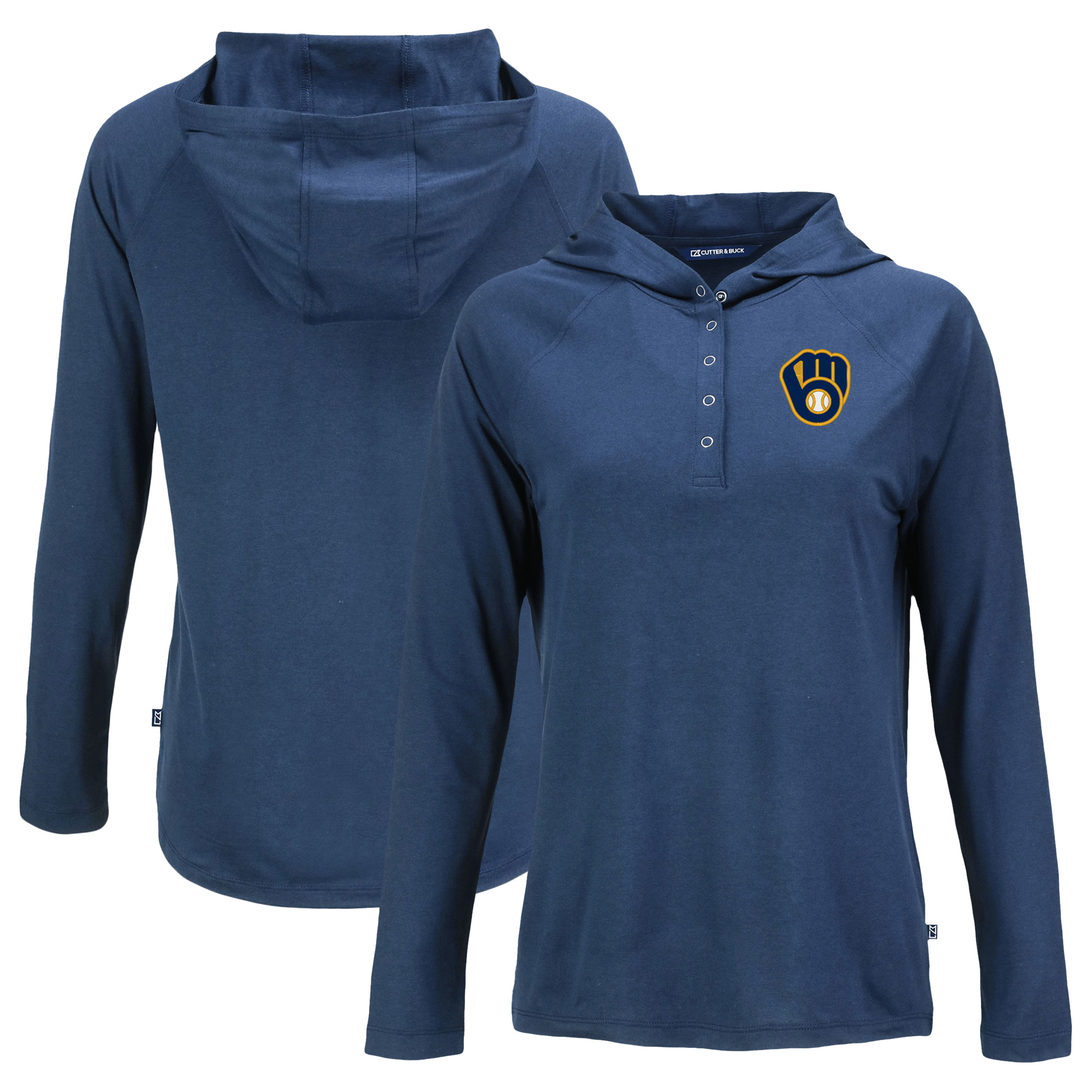 Women's Cutter & Buck Navy Milwaukee Brewers Coastline Epic Comfort Eco Recycled Hoodie Raglan Long Sleeve T-Shirt