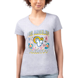 Women's G-III 4Her by Carl Banks Heather Gray Los Angeles Rams Flowers Team Logo Graphic Fitted V-Neck T-Shirt