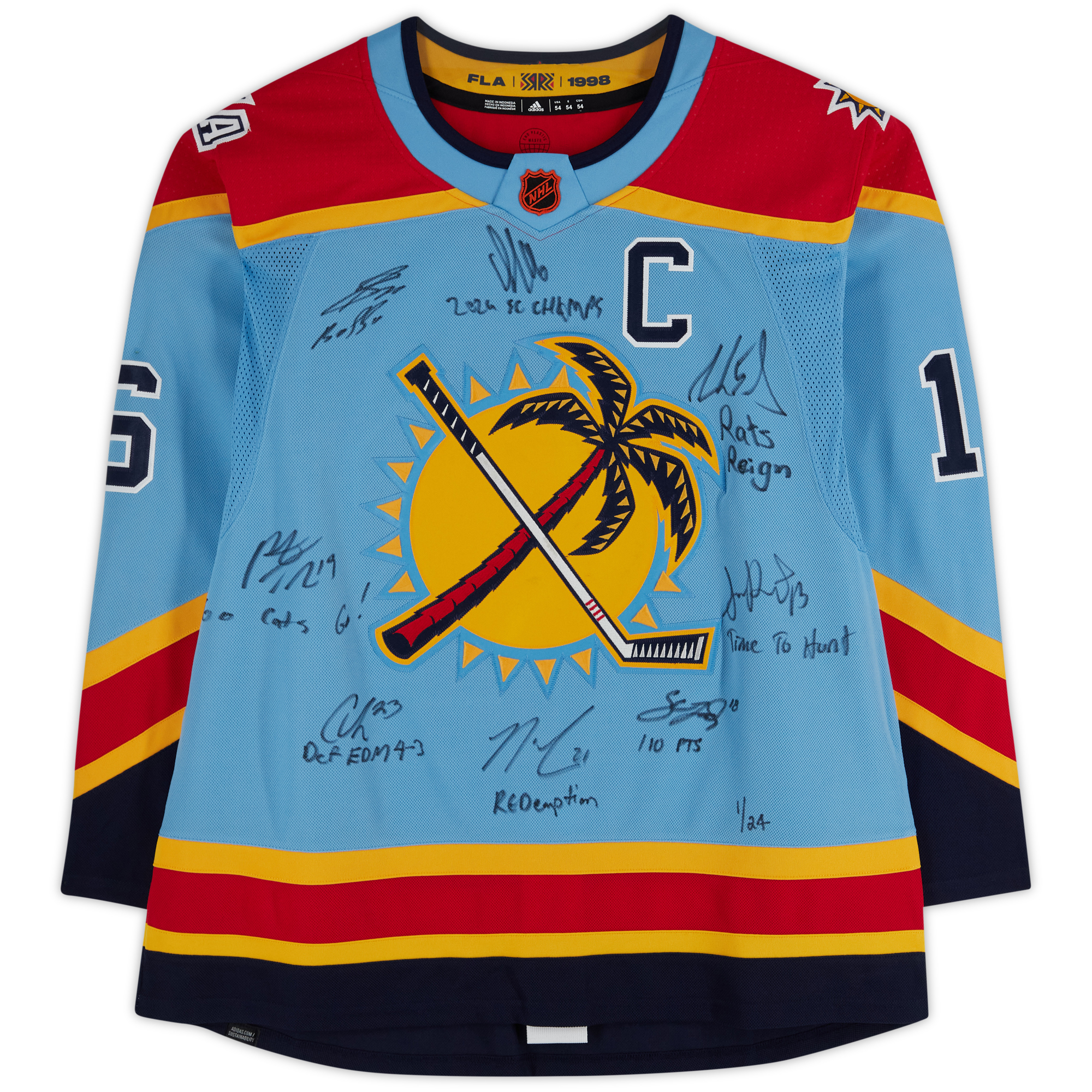 Florida Panthers 2024 Stanley Cup Champions Autographed 2022-23 Reverse Retro Light Blue adidas Authentic Jersey with Multiple Signatures and Inscriptions - Limited Edition #1/24 - Image 7