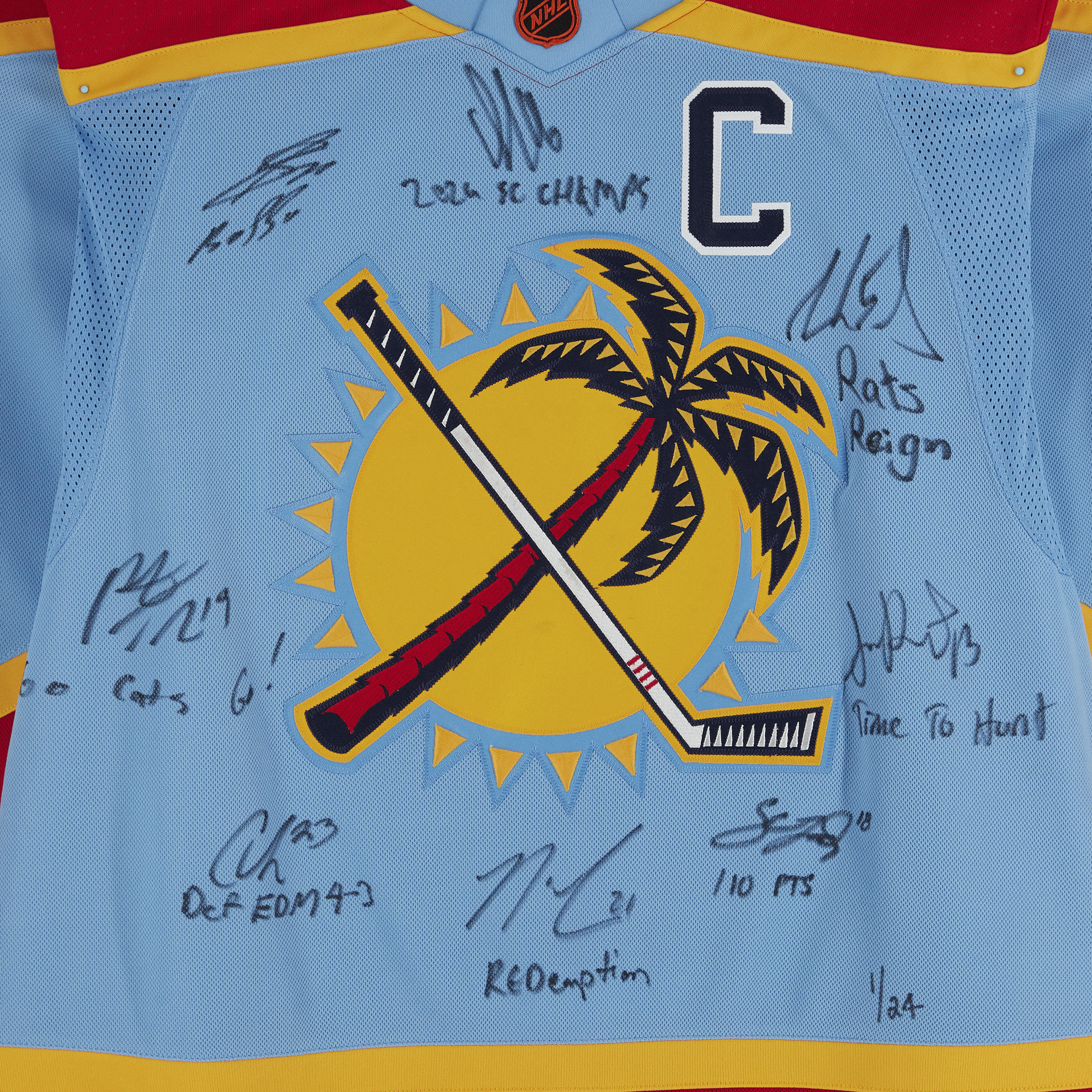 Florida Panthers 2024 Stanley Cup Champions Autographed 2022-23 Reverse Retro Light Blue adidas Authentic Jersey with Multiple Signatures and Inscriptions - Limited Edition #1/24 - Image 5