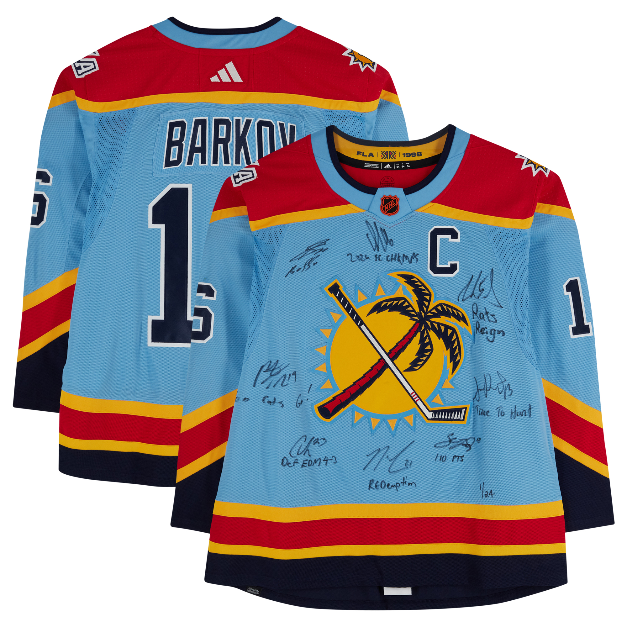 Florida Panthers 2024 Stanley Cup Champions Autographed 2022-23 Reverse Retro Light Blue adidas Authentic Jersey with Multiple Signatures and Inscriptions - Limited Edition #1/24