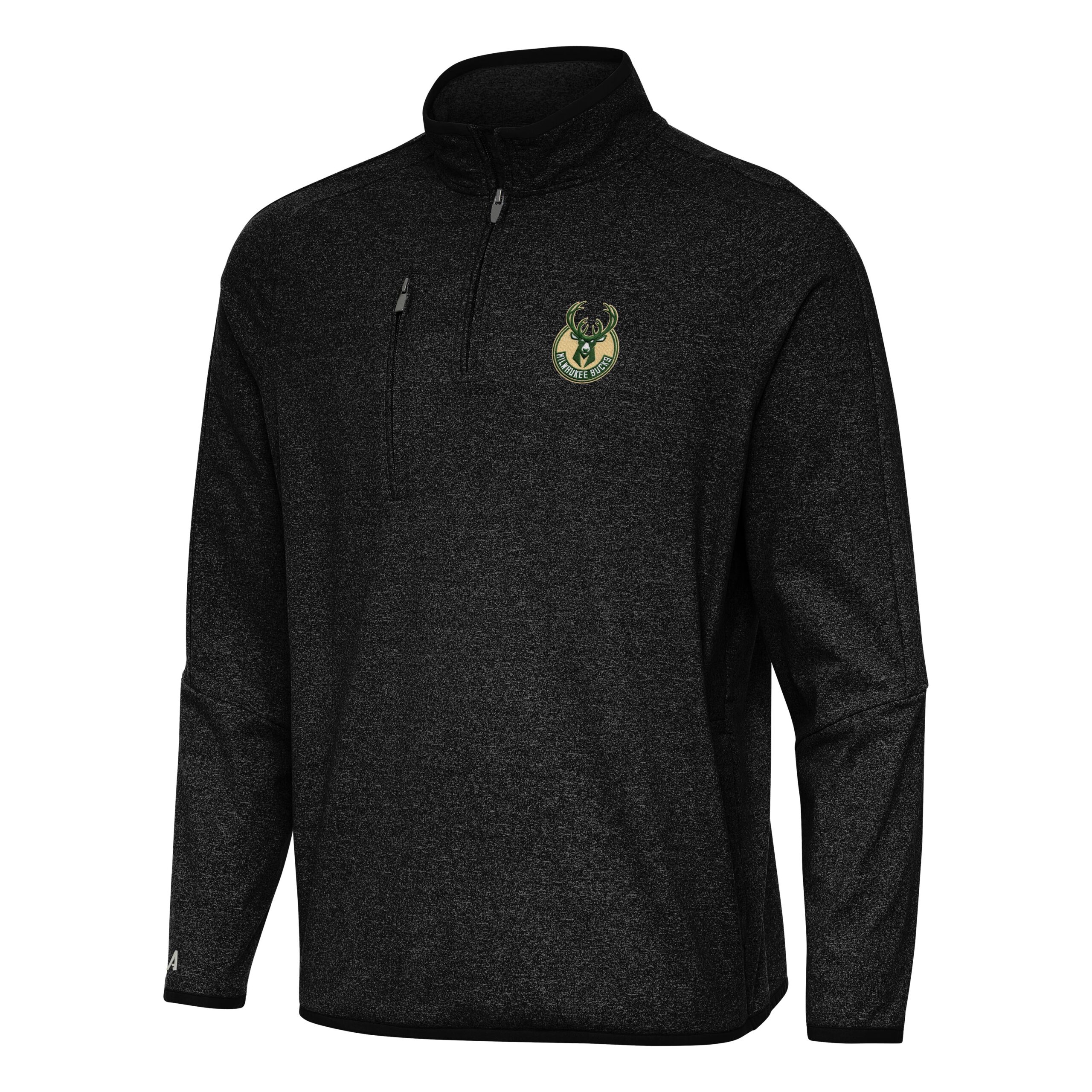 Men's Antigua Heather Black Milwaukee Bucks Certain Quarter-Zip Tri-Blend Sweatshirt