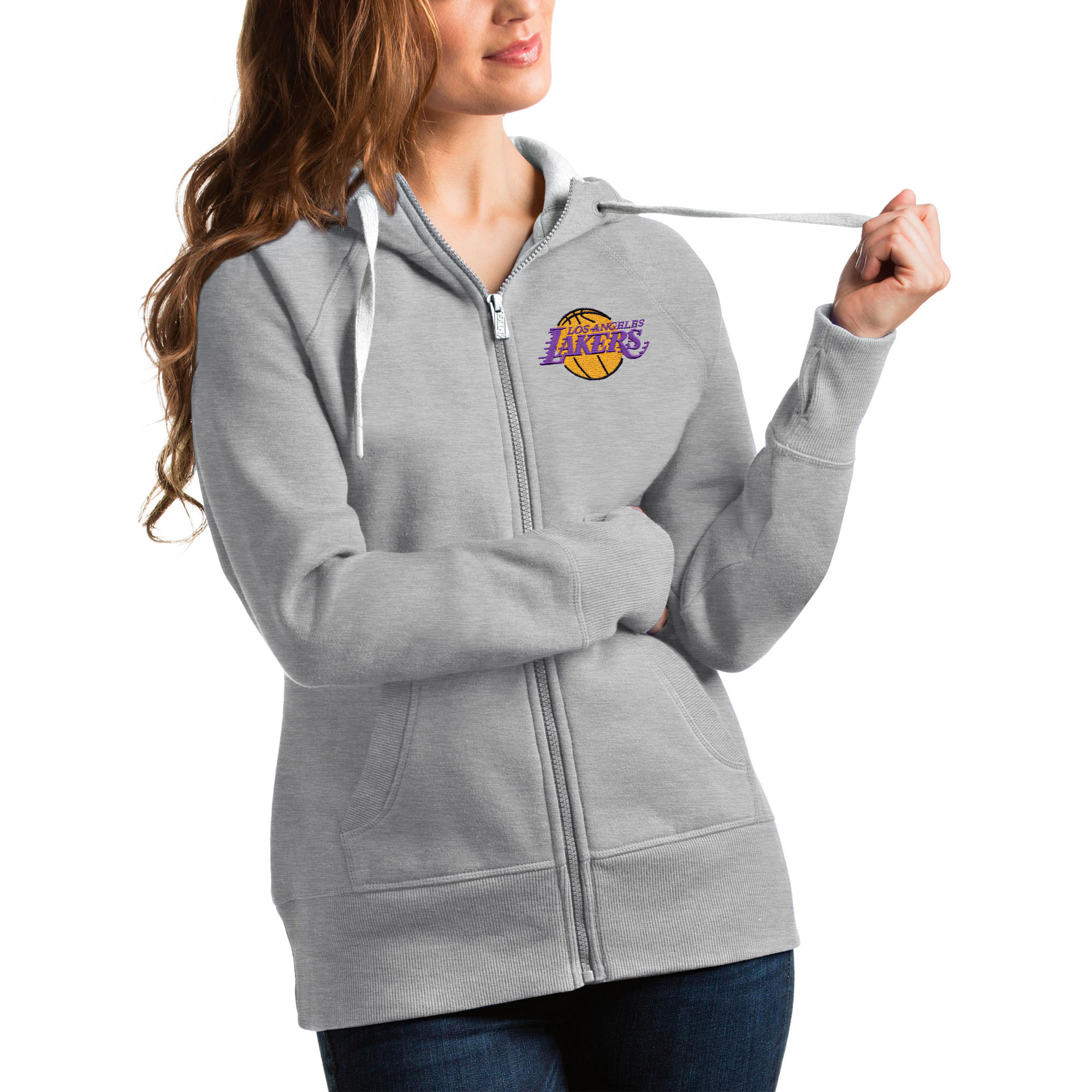 Women's Antigua Heathered Gray Los Angeles Lakers Victory Full-Zip Hoodie
