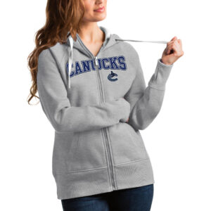 Women's Antigua Heathered Gray Vancouver Canucks Wordmark Victory Full-Zip Hoodie