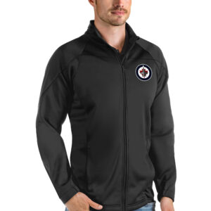 Men's Antigua Black Winnipeg Jets Links Full-Zip Golf Jacket