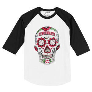 Toddler Tiny Turnip White/Black Cincinnati Reds Sugar Skull Raglan 3/4 Sleeve T-Shirt