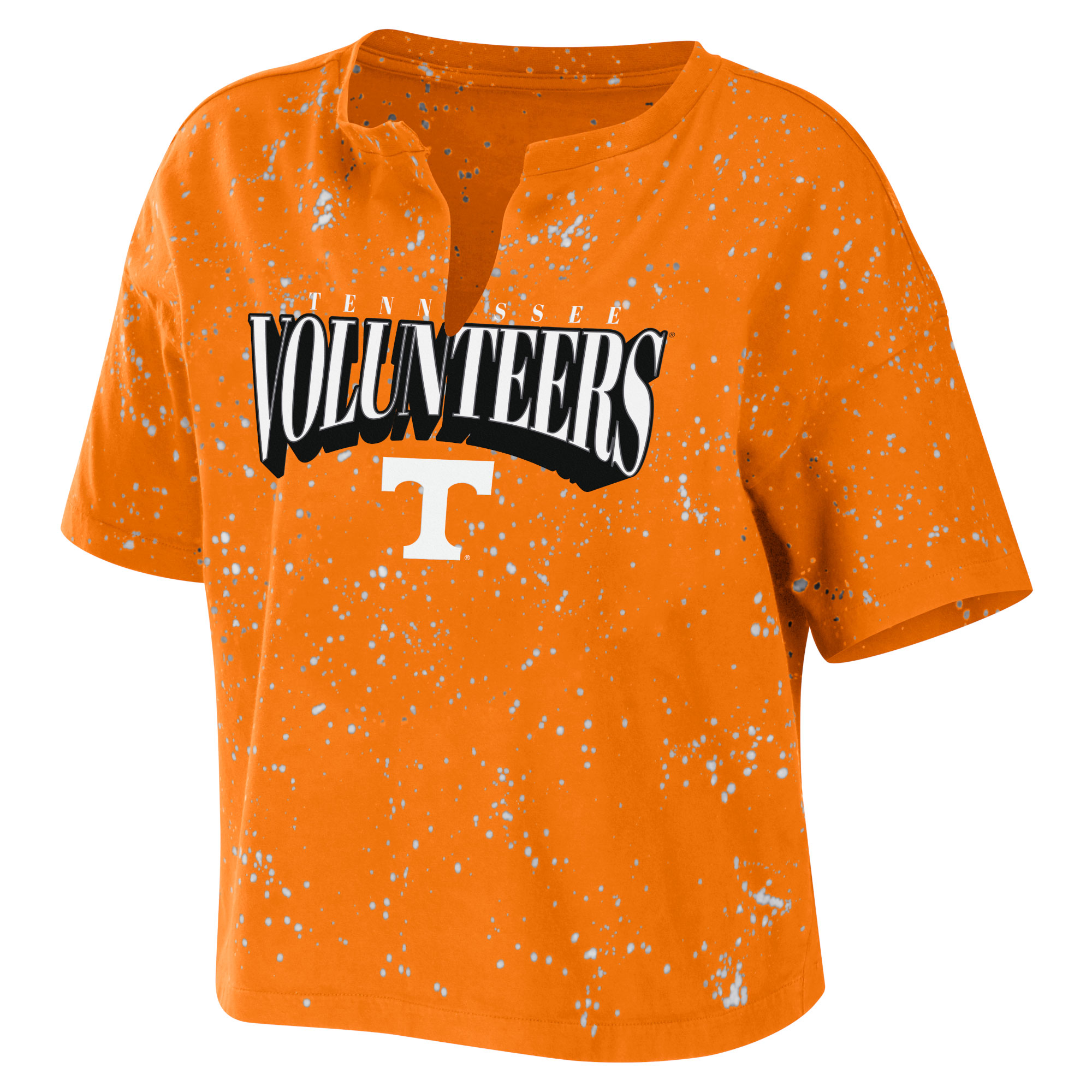 Women's WEAR by Erin Andrews Tennessee Orange Tennessee Volunteers Bleach Wash Splatter Cropped Notch Neck T-Shirt - Image 3